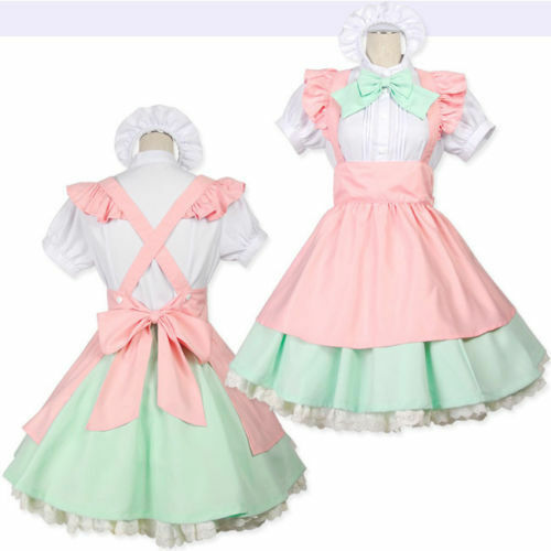 Anime Cute Maid Outfit Lace Trim Apron Lolita Dress Uniform Costume Cosplay Set