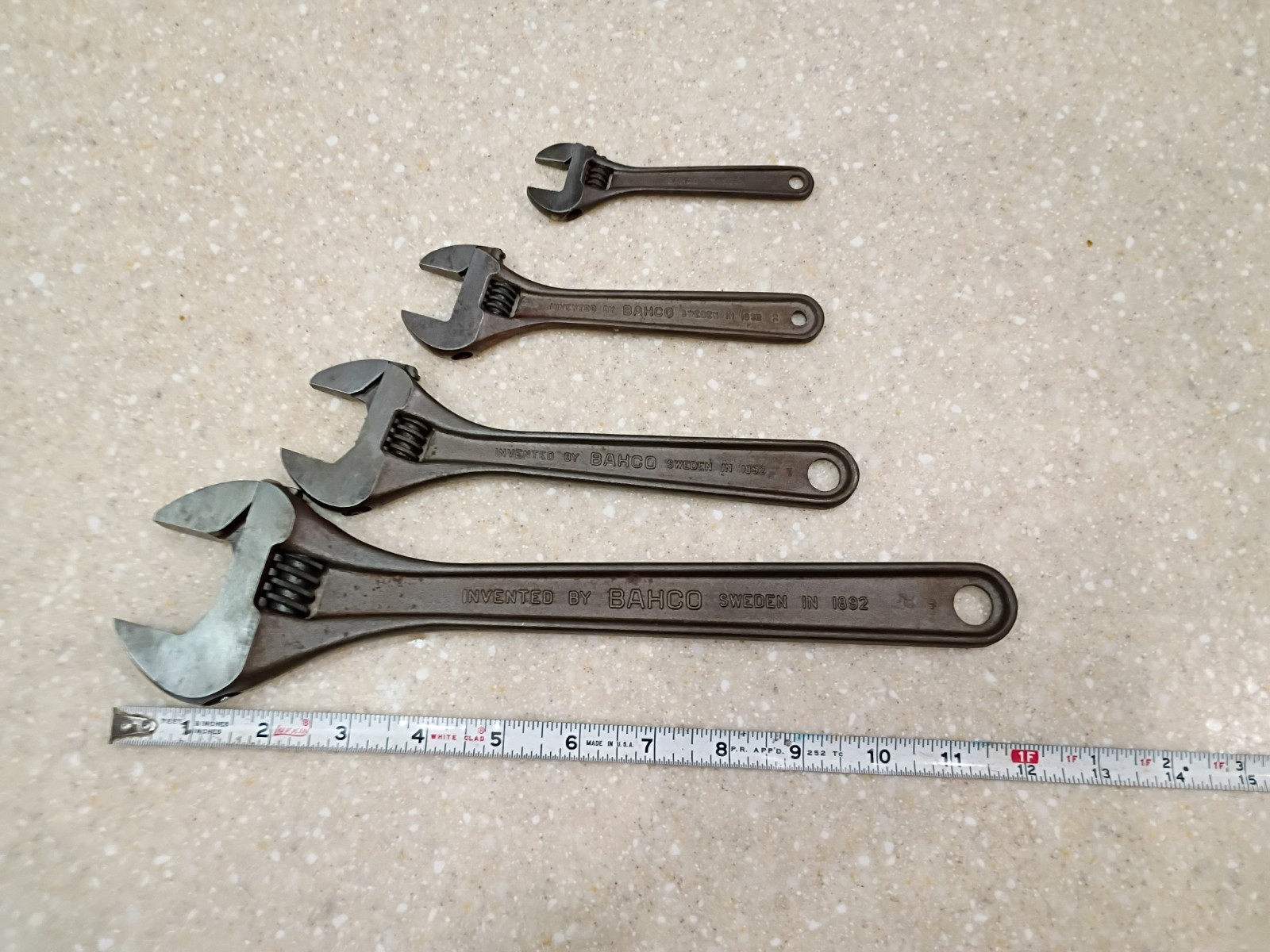 Vintage set of 4 Bahco Sweden Adjustable Wrenches spanner monkey 12" 8" 6" 4"