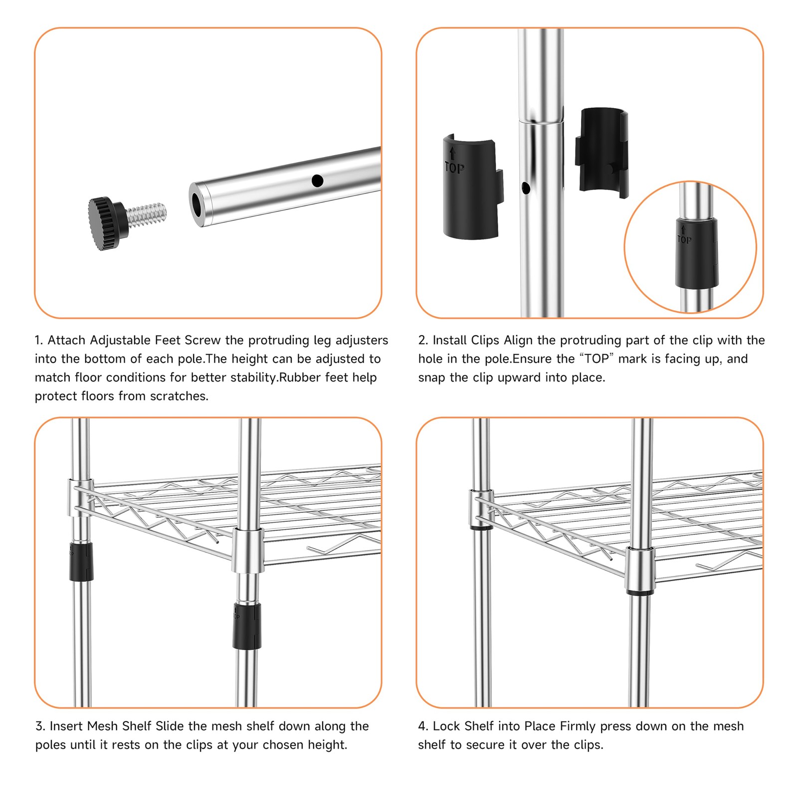 5 Tier Metal Storage Shelves Adjustable Chrome Wire shelves Industrial Shelves