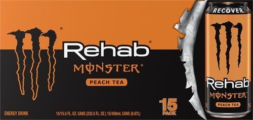 Monster Rehab Peach Tea + Energy 15.5 Ounce | Energy Iced Tea, Pack of 15