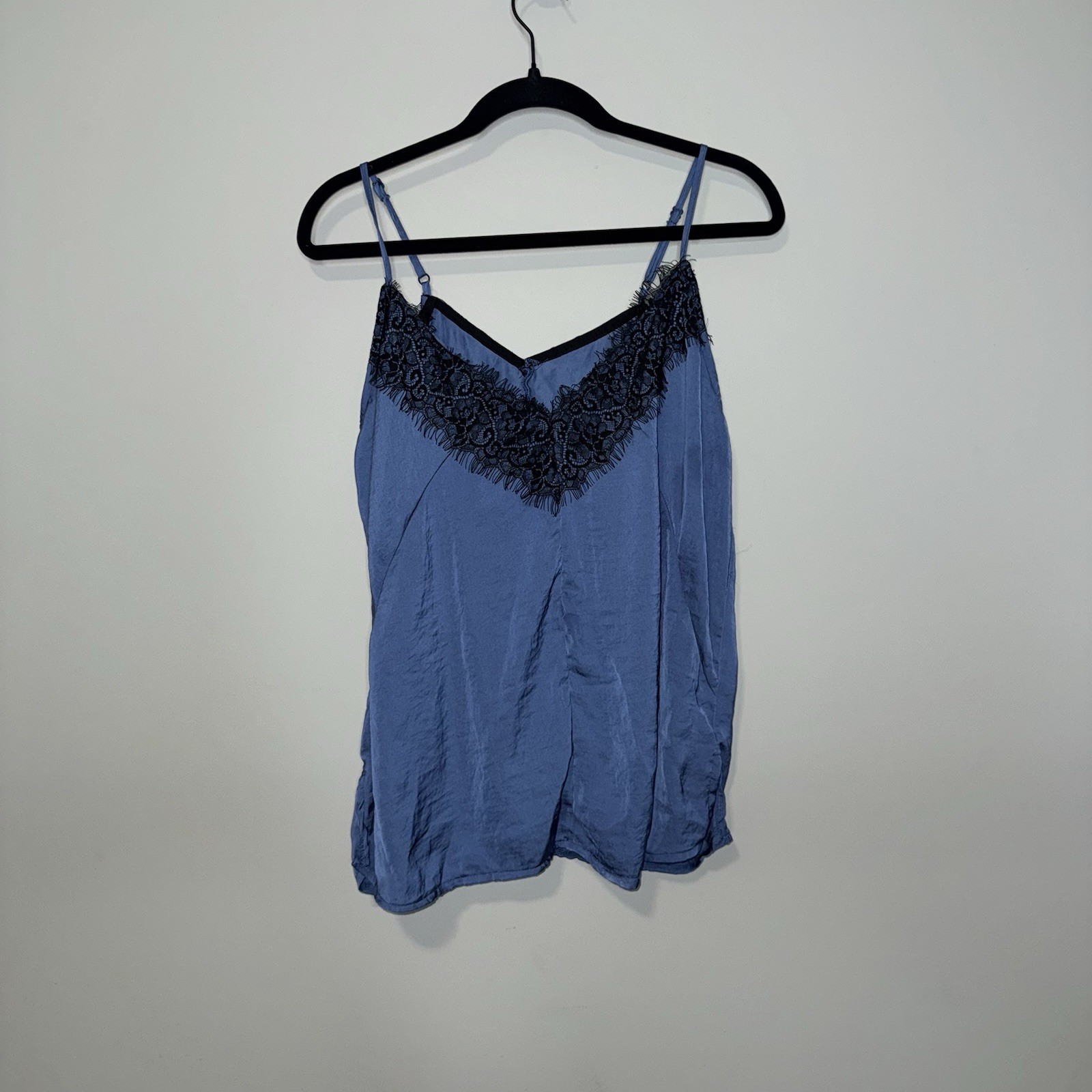 Vintage Blue Satin Camisole with Black Lace Trim