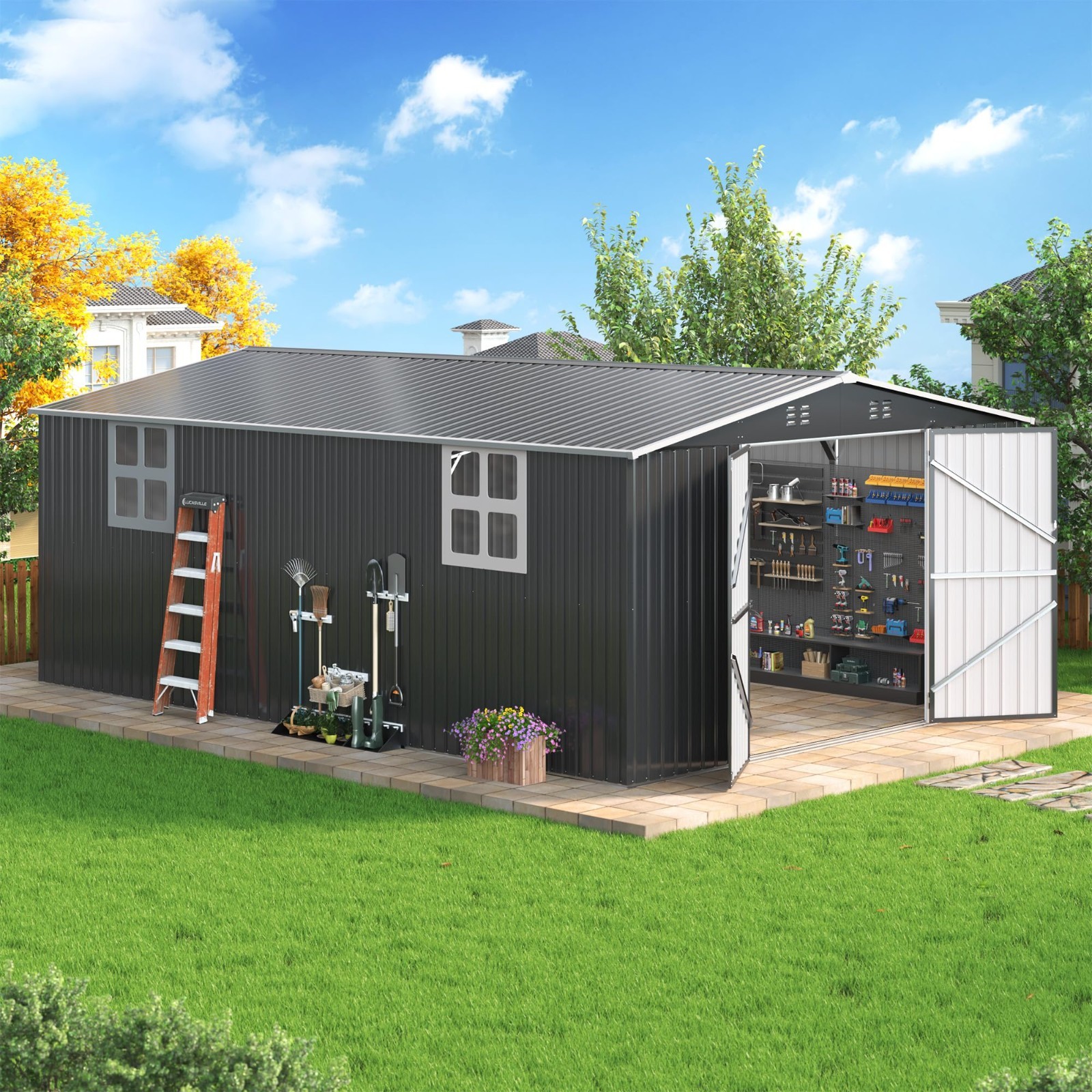 12x16FT Outdoor Metal Storage Shed with Lockable Door, New