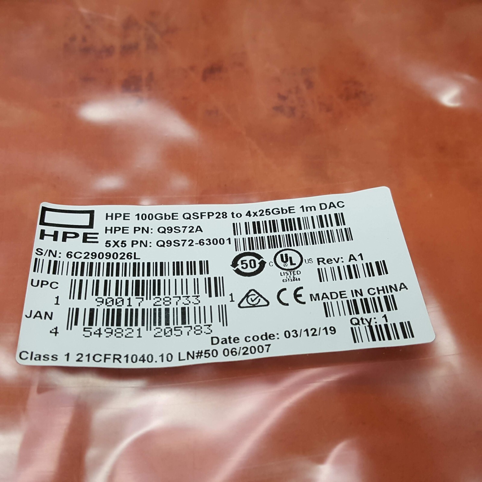 MCP7F00-A01A Mellanox 100GbE QSFP28 to 4x 25GbE SFP28 1m DAC Breakout Cable