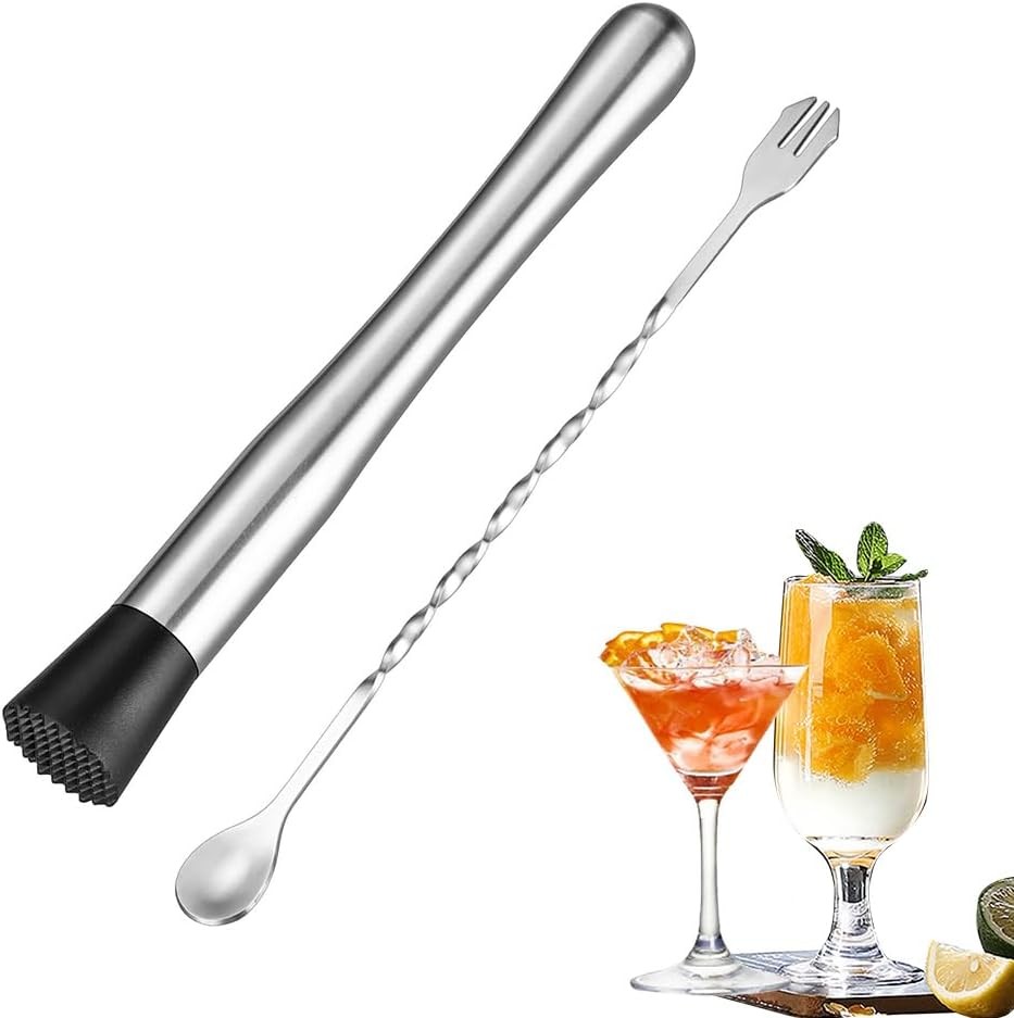 2 Pcs Muddler for Cocktails,10 Inch and 8 Bar Silver