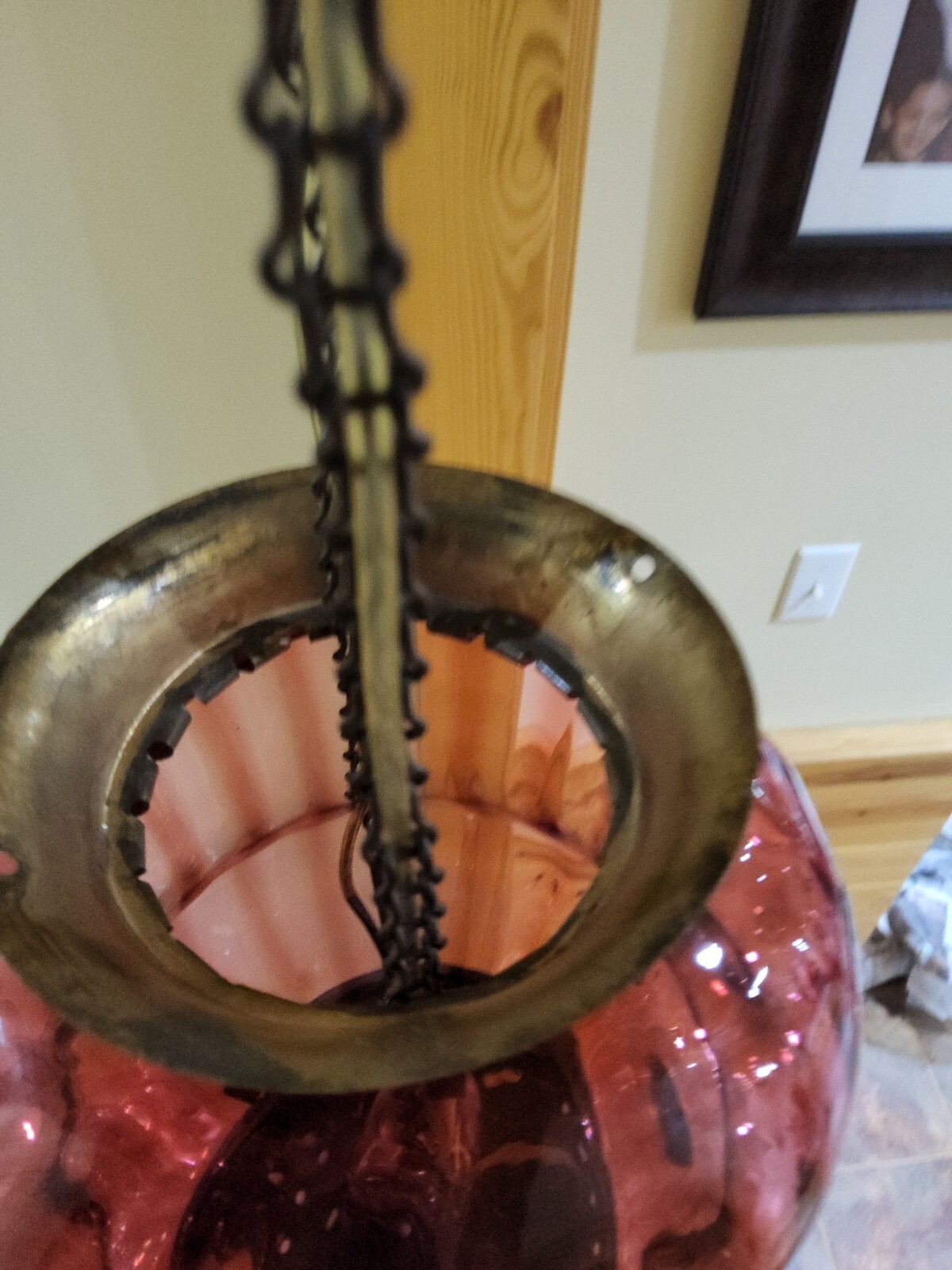 ATQ Victorian Cranberry Opalescent Striped Red Glass Pendant Ceiling Hall Light