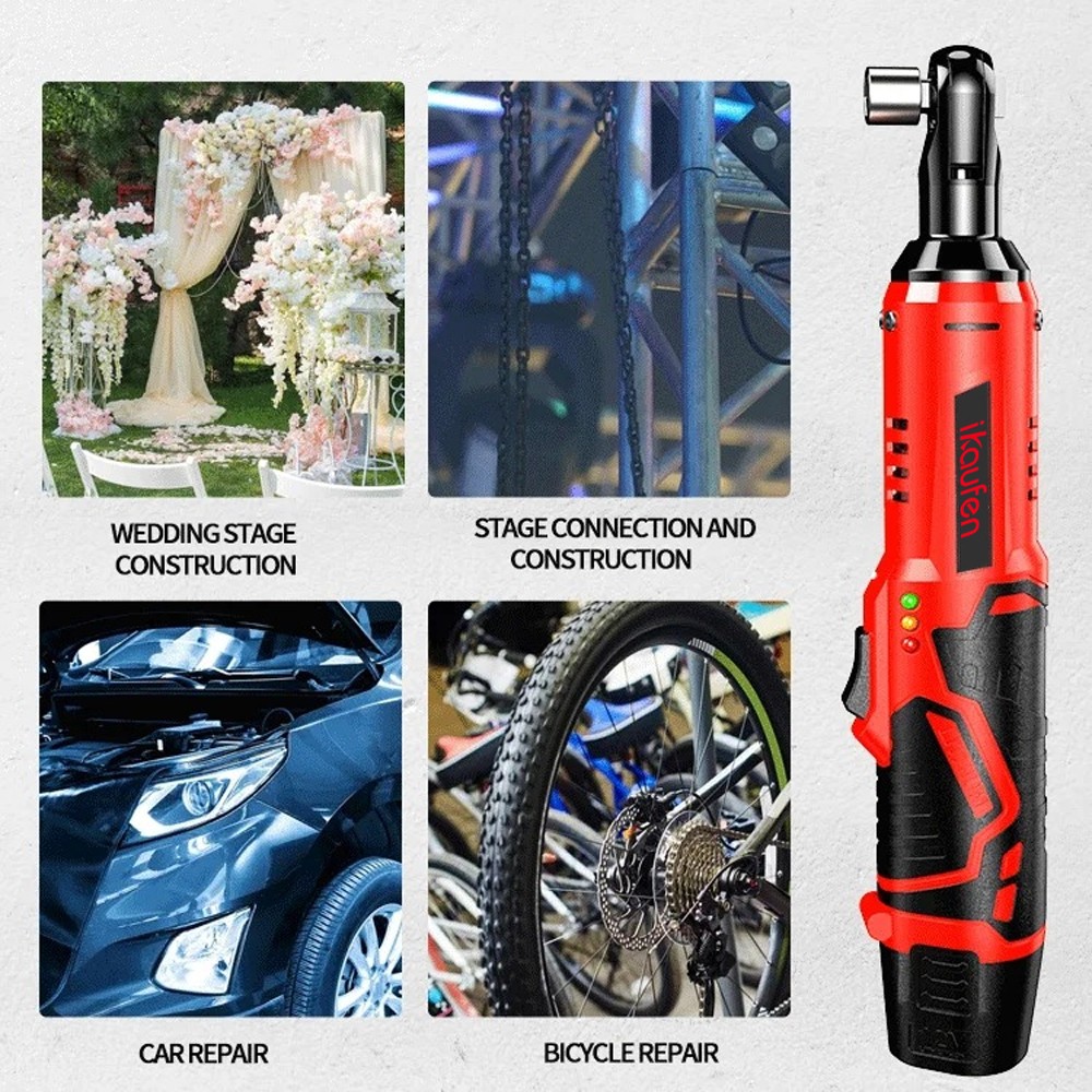 Cordless Ratchet 3/8\" Right Angle Wrench Impact Power Tool /2Battery 4Socket B4