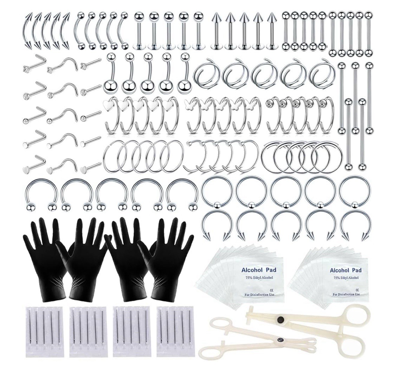 154PCS Nose Piercing Kit Stainless Steel 14G 16G Jewelry w/ Needles Tools
