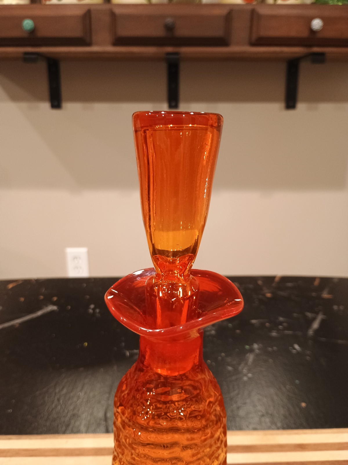 Vintage MCM 11" Rainbow Ribbed Glass Tangerine Orange Decanter With Stopper