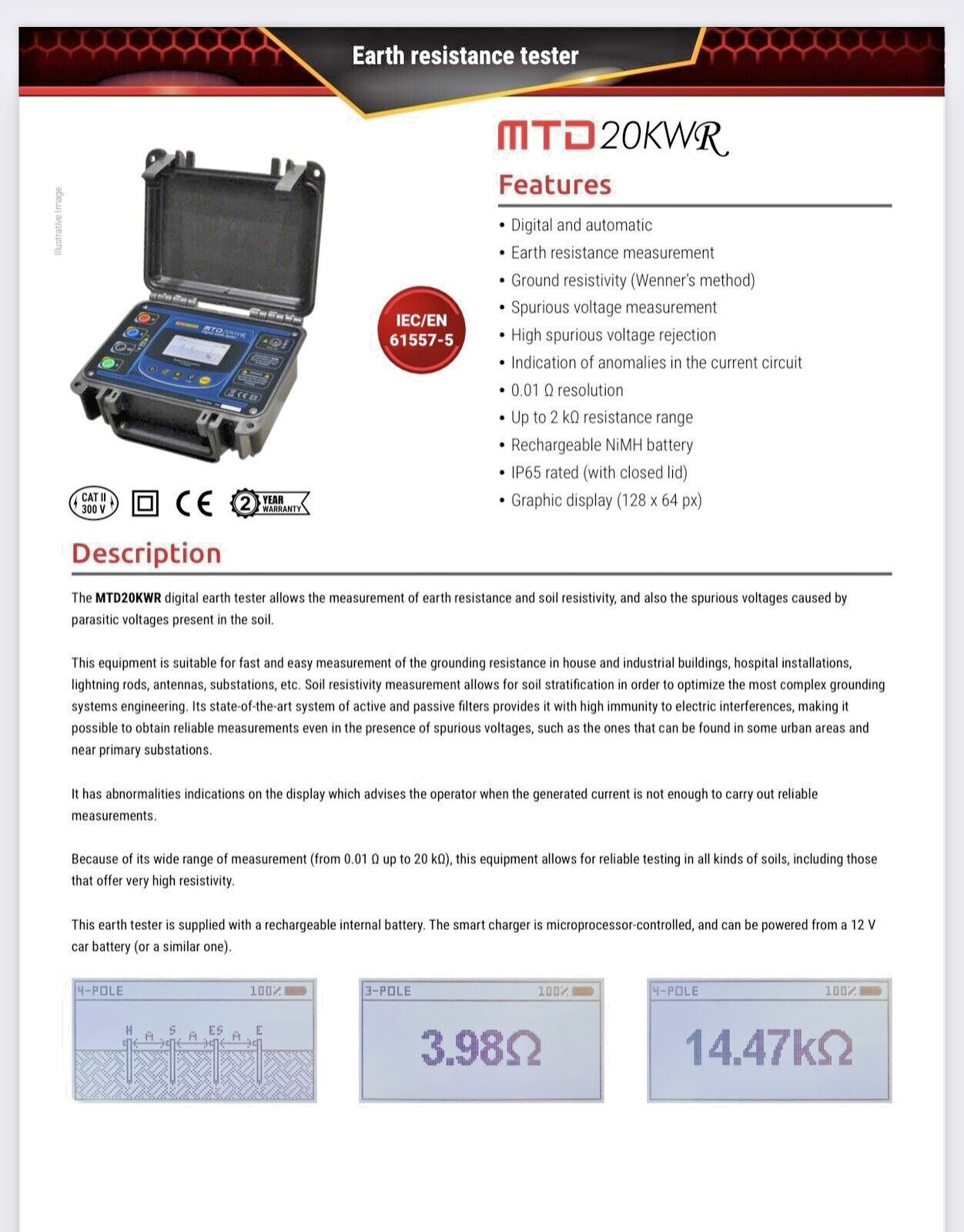 Tentech Megabras MTD20KWR Digital Earth Tester telurometer Reliable Measurement