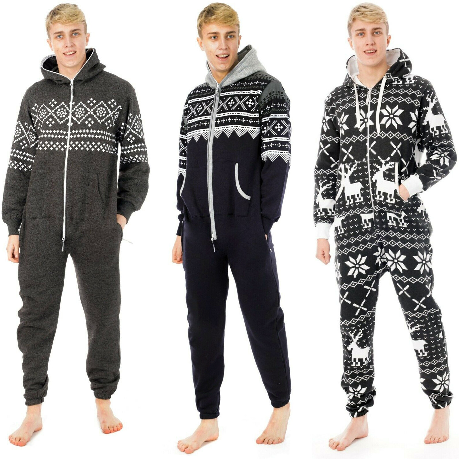 Mens Unisex Hooded Onesie0 Adult Non Footed OnePiece Jumpsuit Pajamas Loungewear