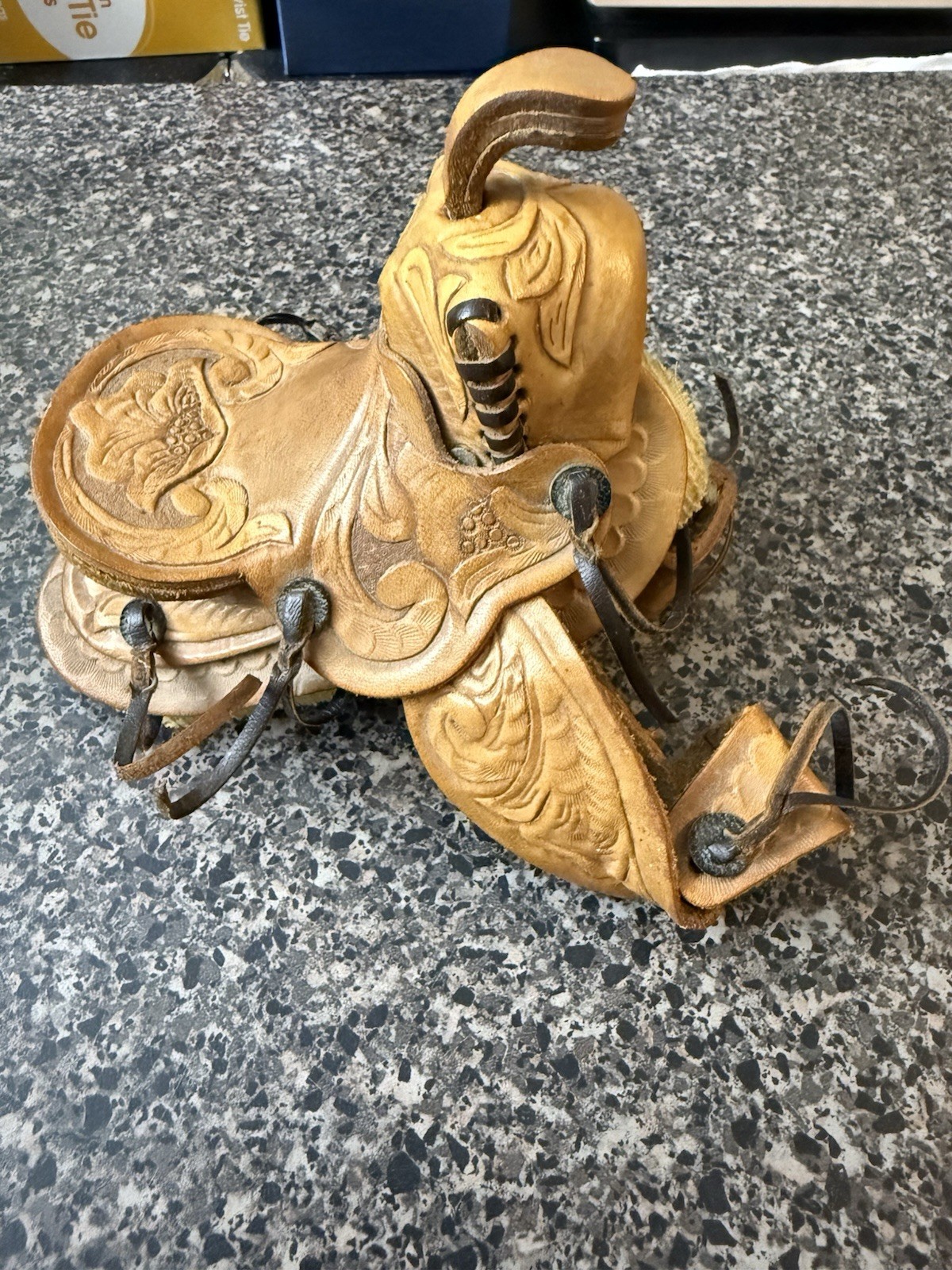 Vintage Western Mini Leather Saddle Cowboy Ranch Decor Shearling Tooled 6”x4.5”