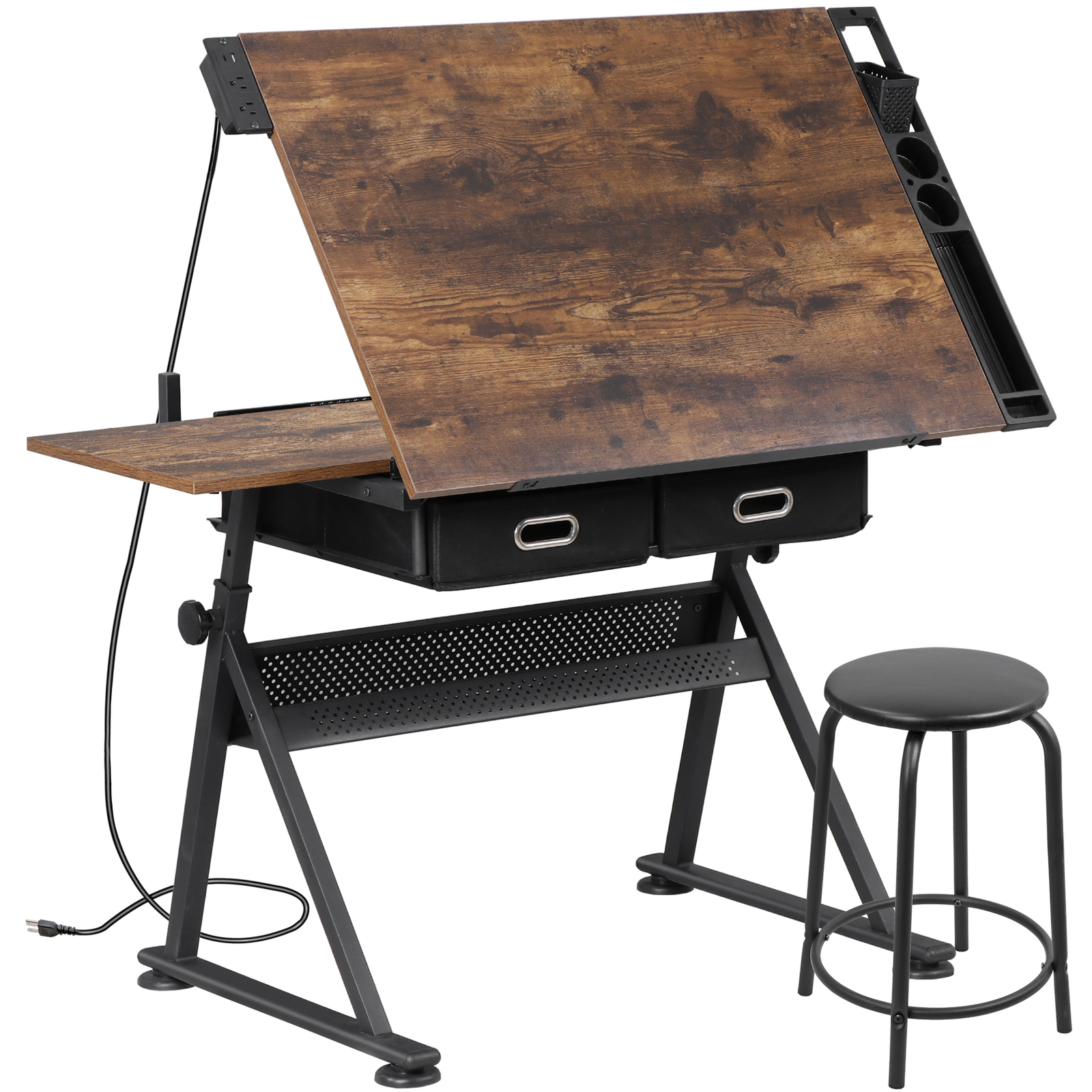 Drafting Drawing Table Tiltable Tabletop Adjustable Height with Charge Outlet