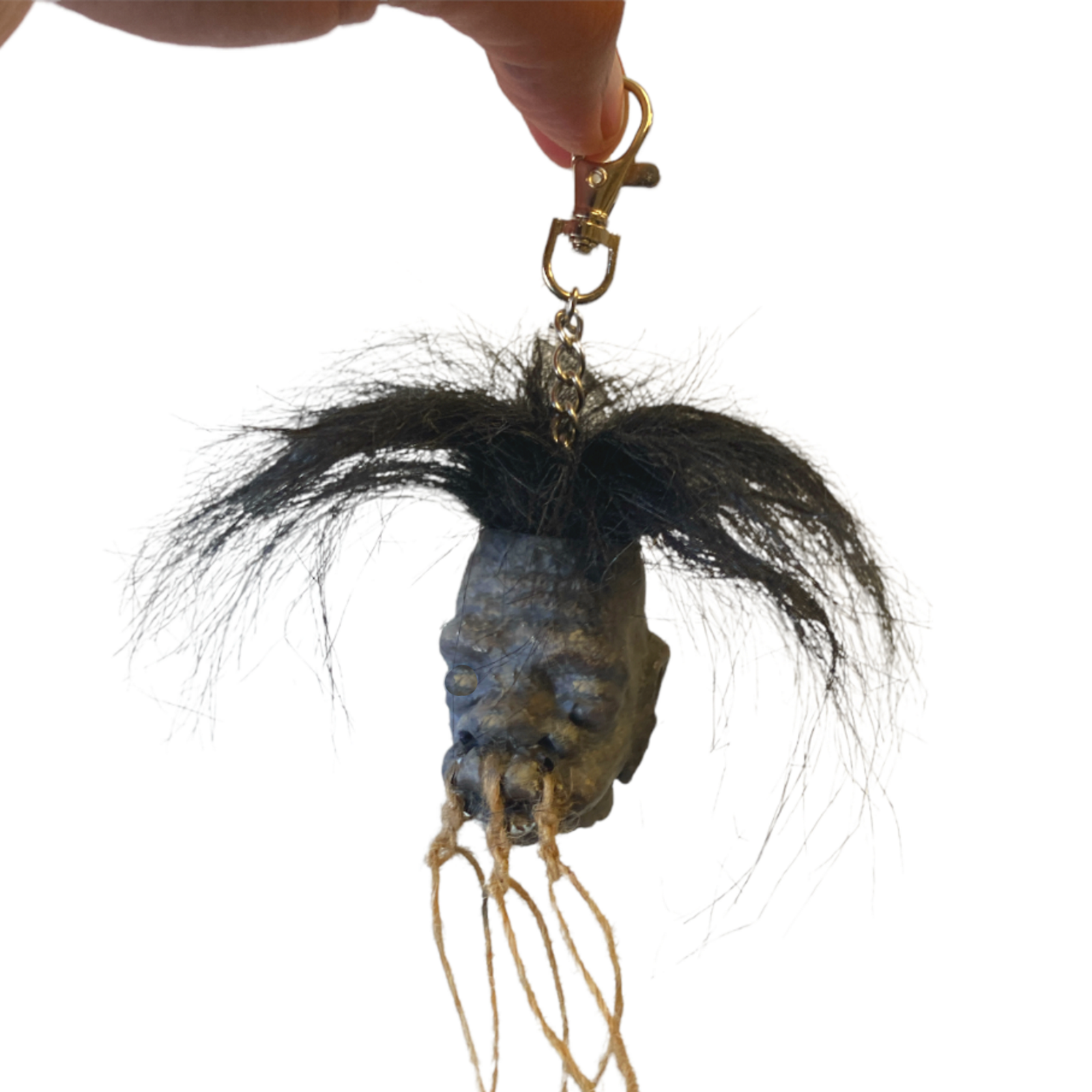 Small Shrunken Head with Hair Metal Stand Oddity Magic Ritual Voodoo Witchcraft
