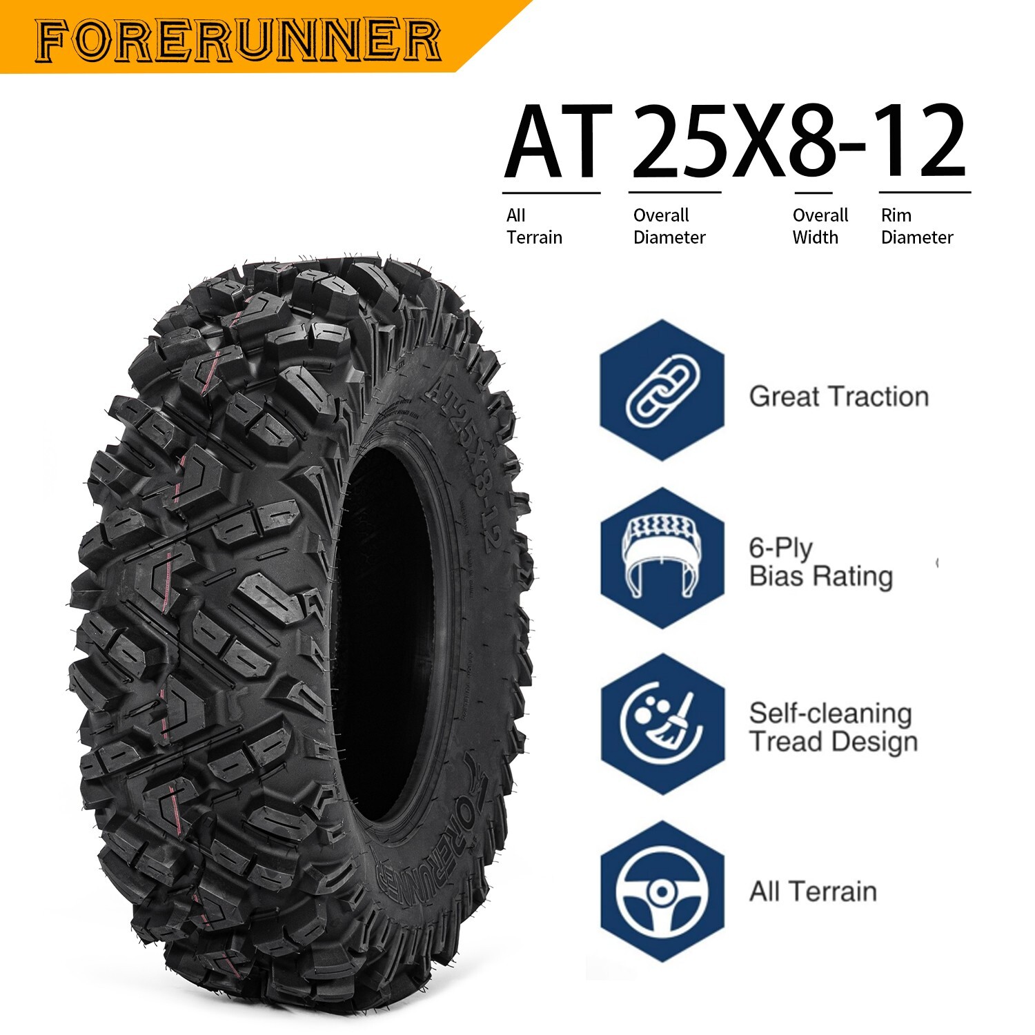 25x8-12 Set of 2 ATV Tires 6Ply 25x8x12 UTV Tires 25 8 12 All Terrain Tyres 25"