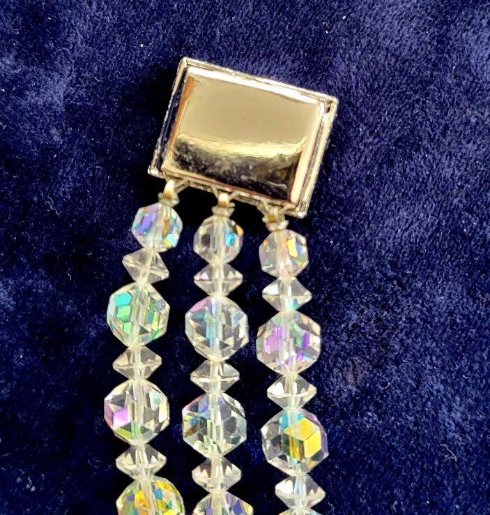 Vtg Aurora Borealis Bracelet Art Deco Rhinestone Clasp 3 Strand