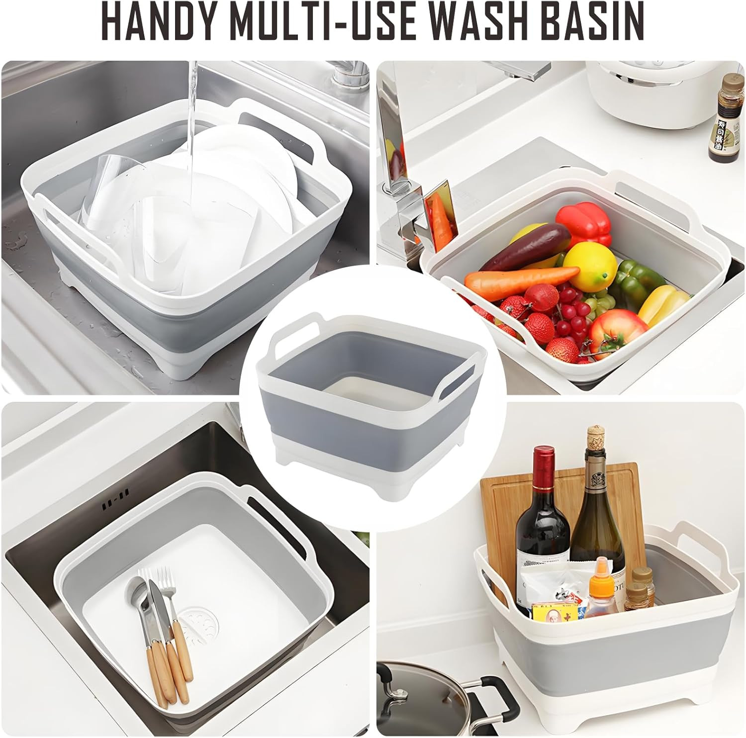 Collapsible Dish Basin with Drain Plug, 9L 2.4 Gallon Portable Wash Basin Dishpa