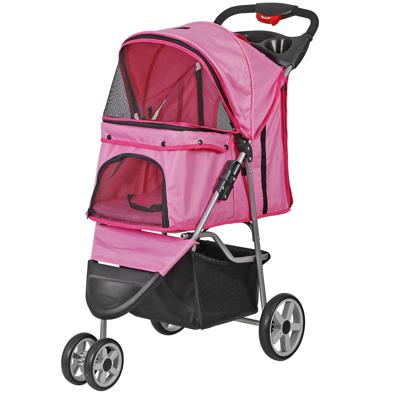3 Wheels Pet Stroller Foldable Dog Stroller Cart Cat Carrier w/Cup Holder Pink