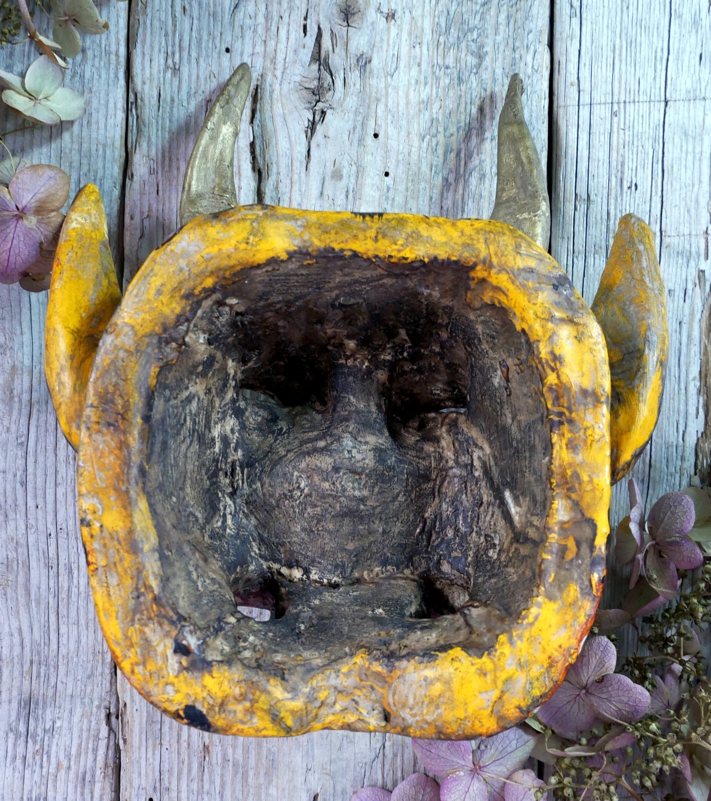 Devil Demon Wood Mask Real Goat Horns Handmade Guerrero Nahua Mexican Folk Art