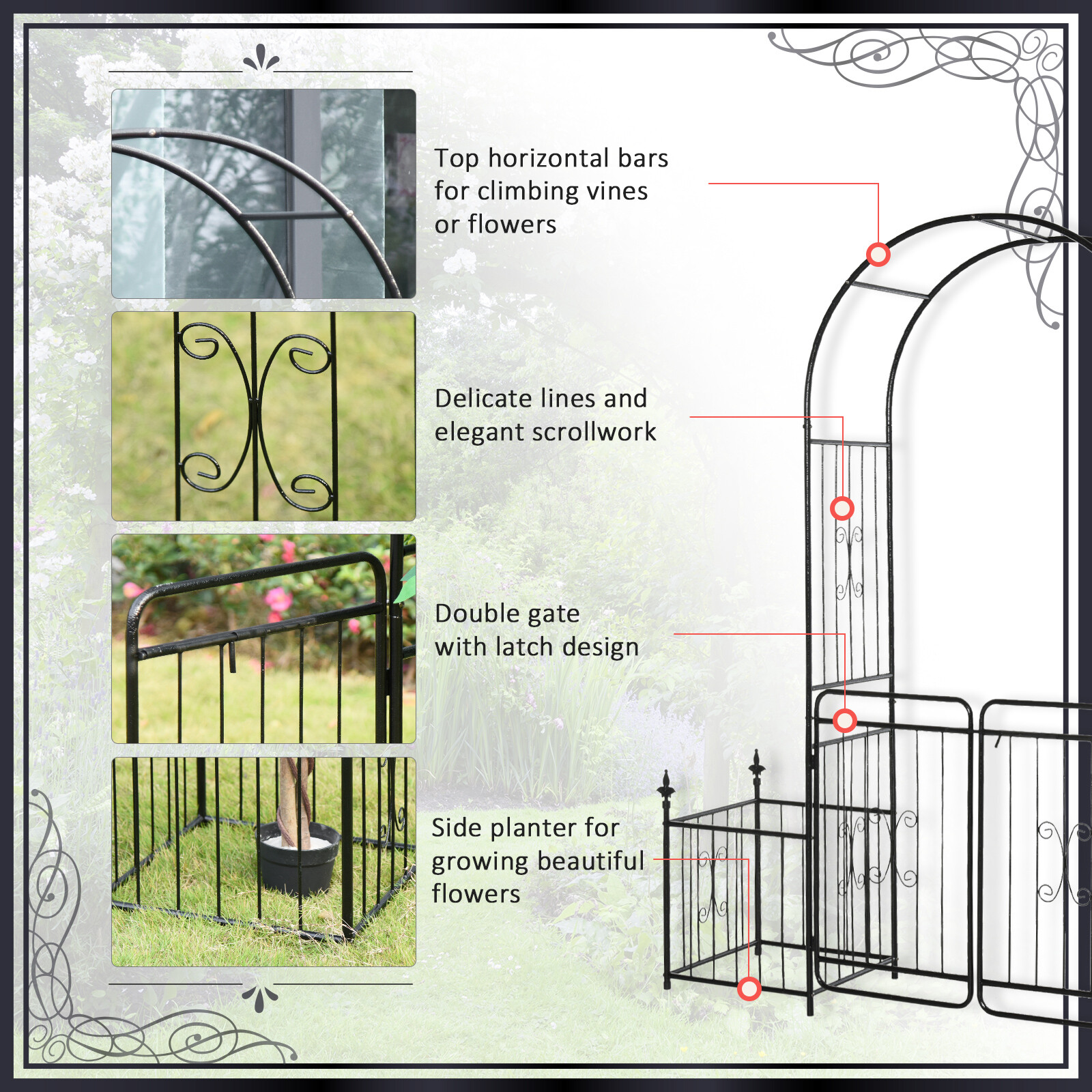 Outdoor Decorative Steel Backyard Gate & Trellis w/ Two Door Design & Scrollwork