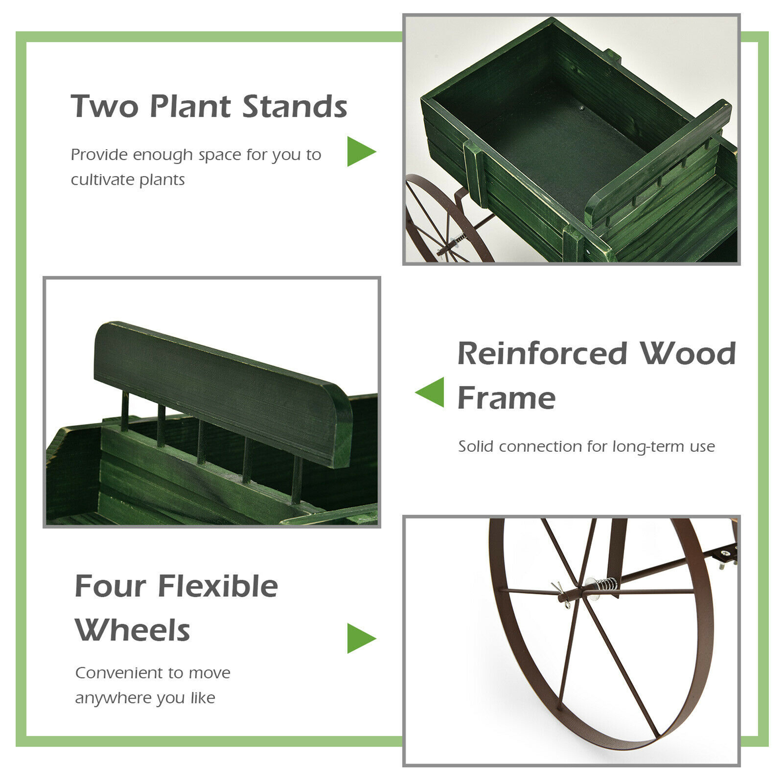 Garden Plant Planter Wooden Wagon Planter W/ Wheel Garden Yard Green