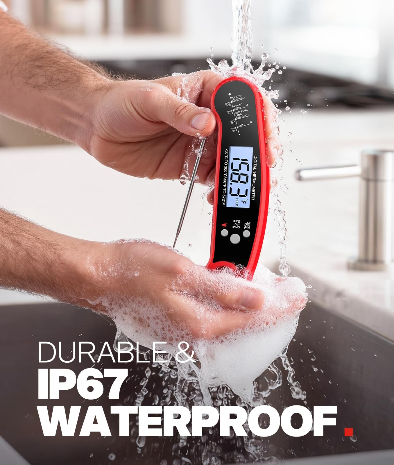 Digital Meat Thermometer Instant Read Food Probe for Cooking Grilling BBQ Red