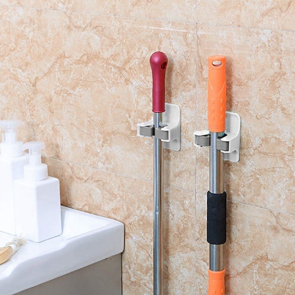 4-Pack Self-Adhesive Broom Holder Set – Wall-Mounted Mop and Broom Gripper Racks