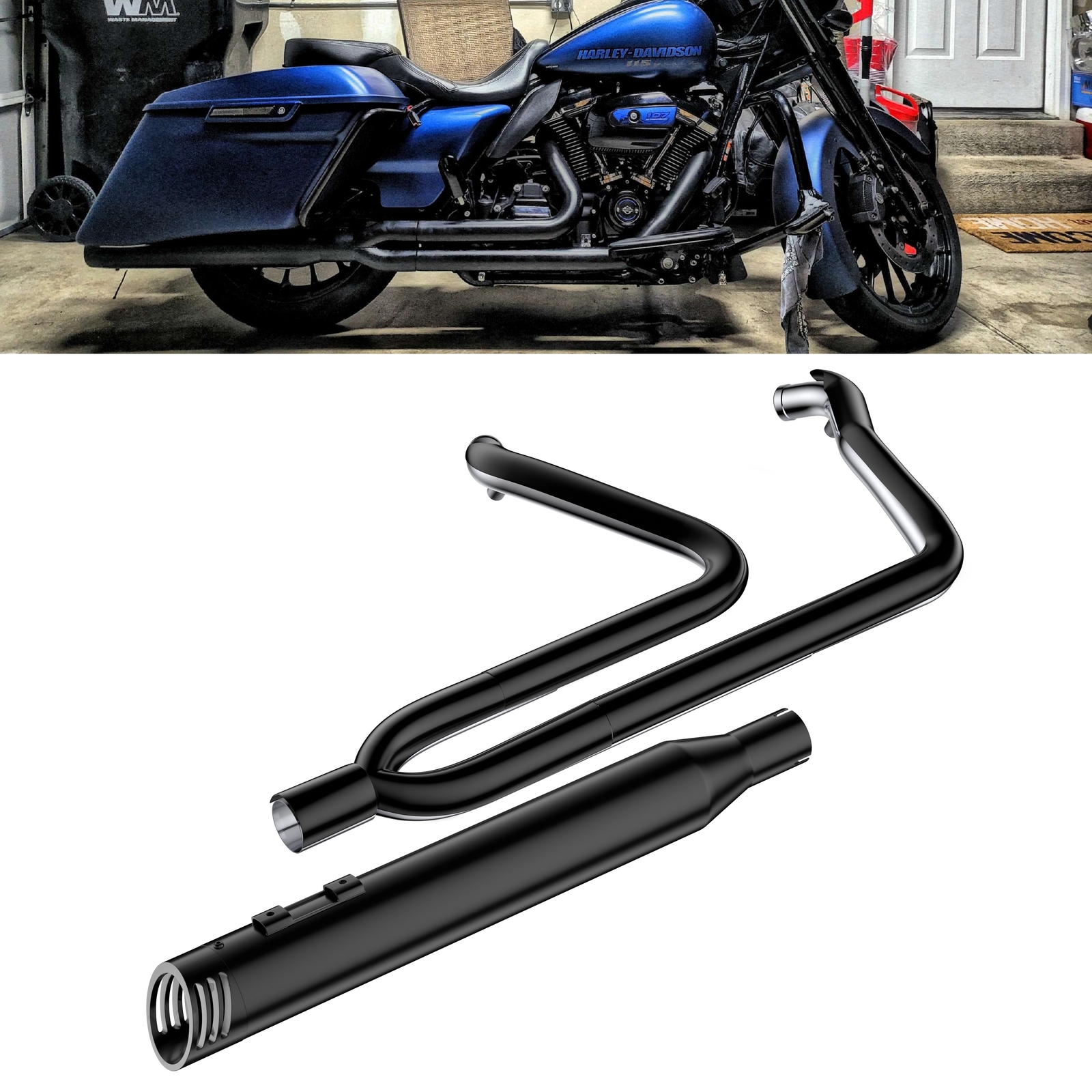 Pro 2 into 1 Black Exhaust Pipe w/ 4" Muffler Fit 1995-2016 Harley Touring