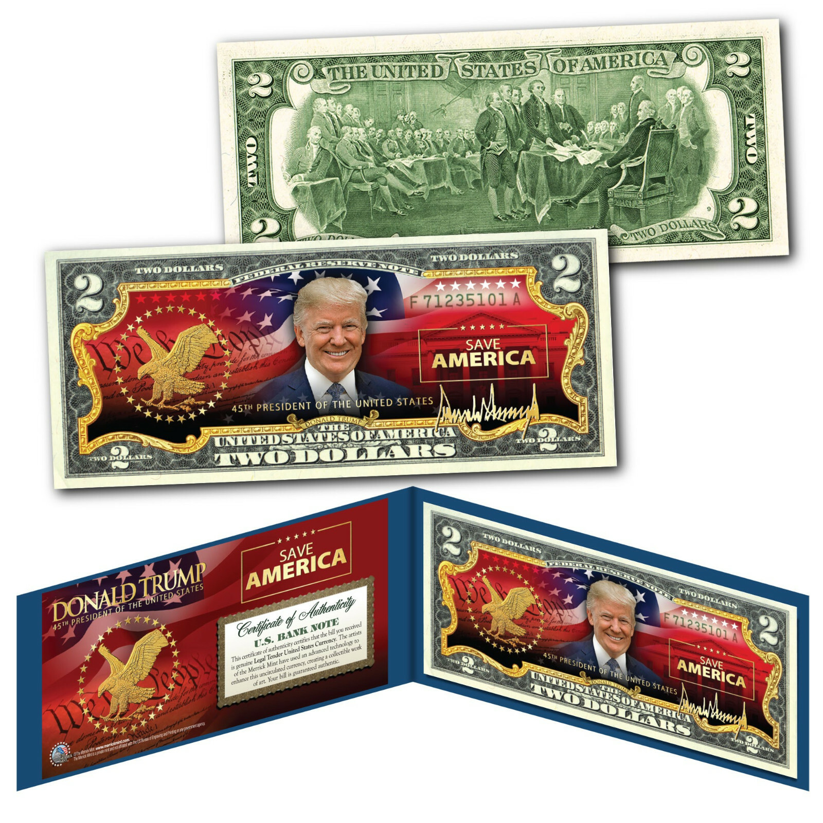 DONALD TRUMP President SAVE AMERICA Official Genuine Legal Tender $2 U.S. Bill