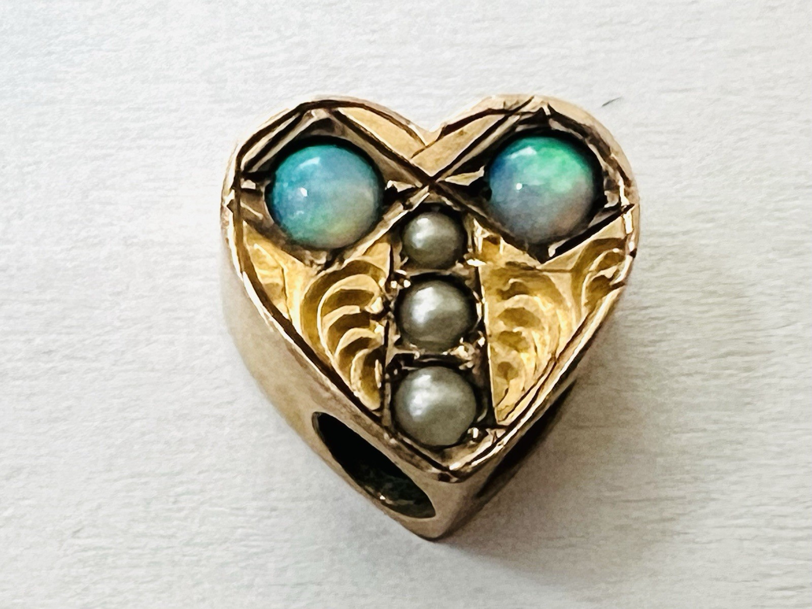 Victorian Gold Filled Heart Shaped Opal Seed Pearl Slide for Muff Watch Chain