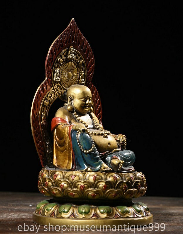 11.6" Old Chinese Bronze Buddhism Happy Laugh Maitreya Buddha Statue Painting