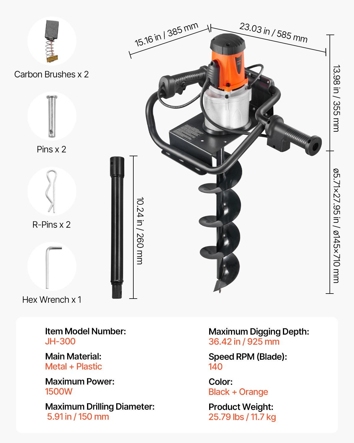 VEVOR 1500W Electric Post Hole Digger 5.71" Earth Auger Bit with Extension Bar