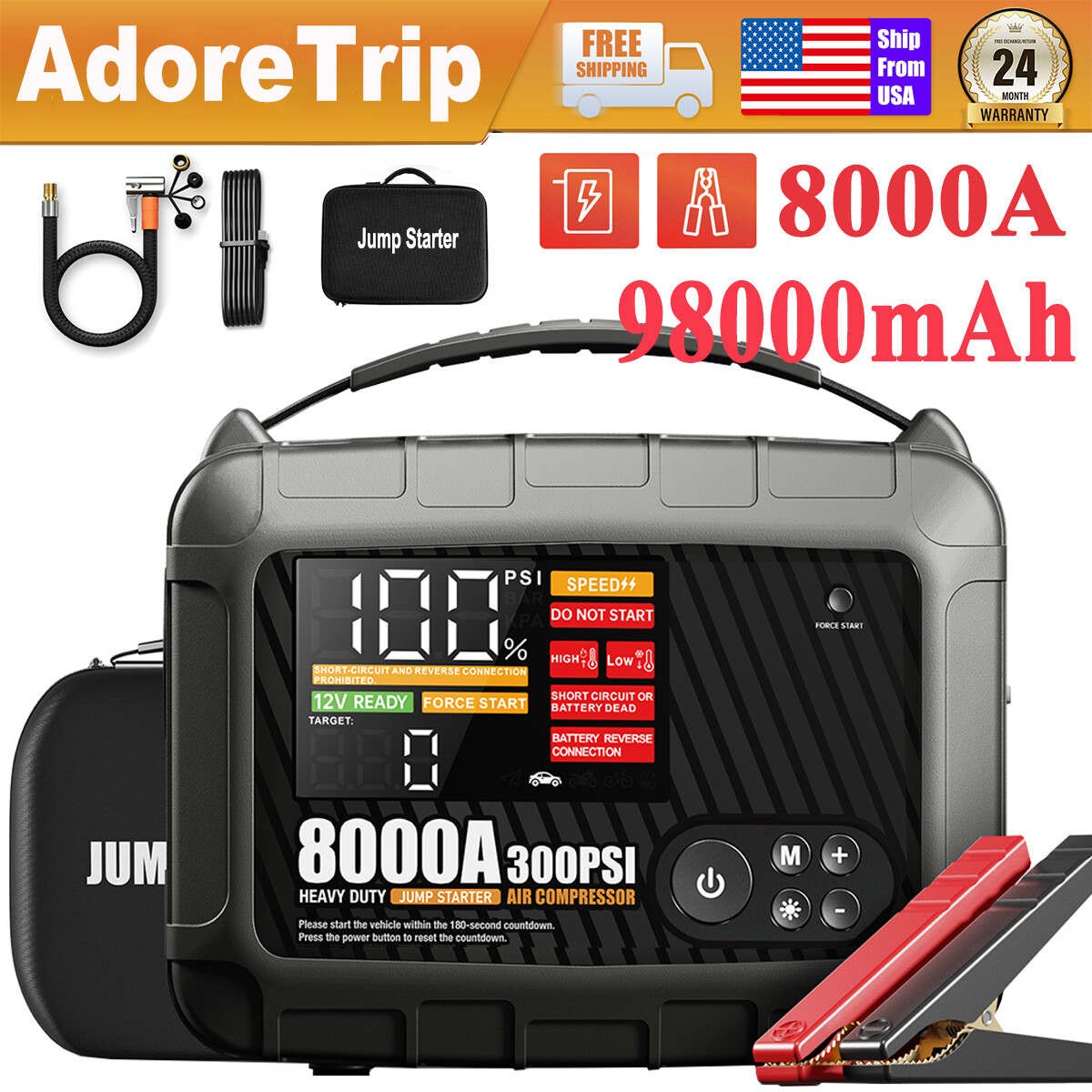 AdoreTrip 8000A Jump Starter +300PSI Air Compressor Battery Power Bank Emergency