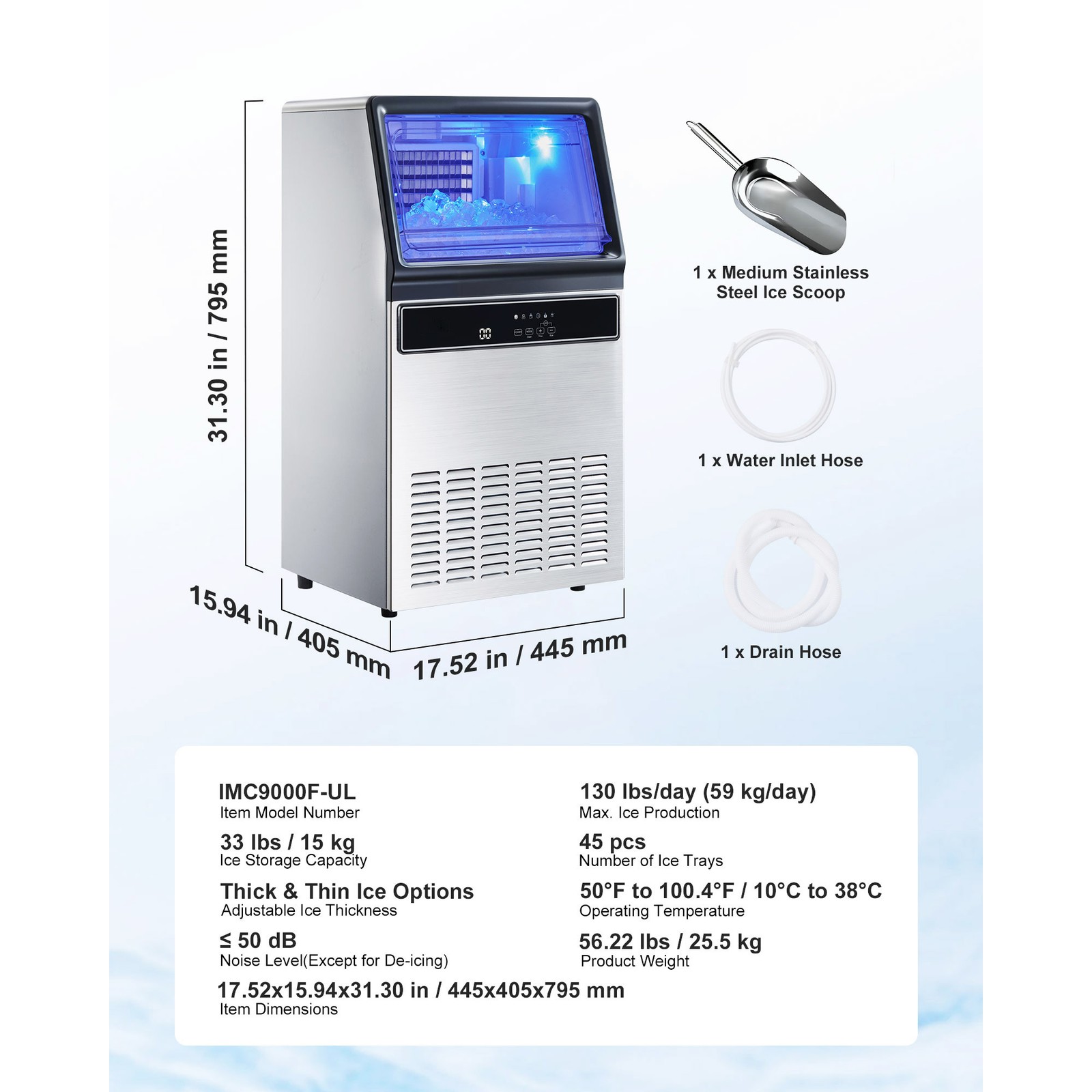 Uimoso 130Lbs Commercial Ice Maker Bar Restaurant Ice Cube Machine 33Lb Storage