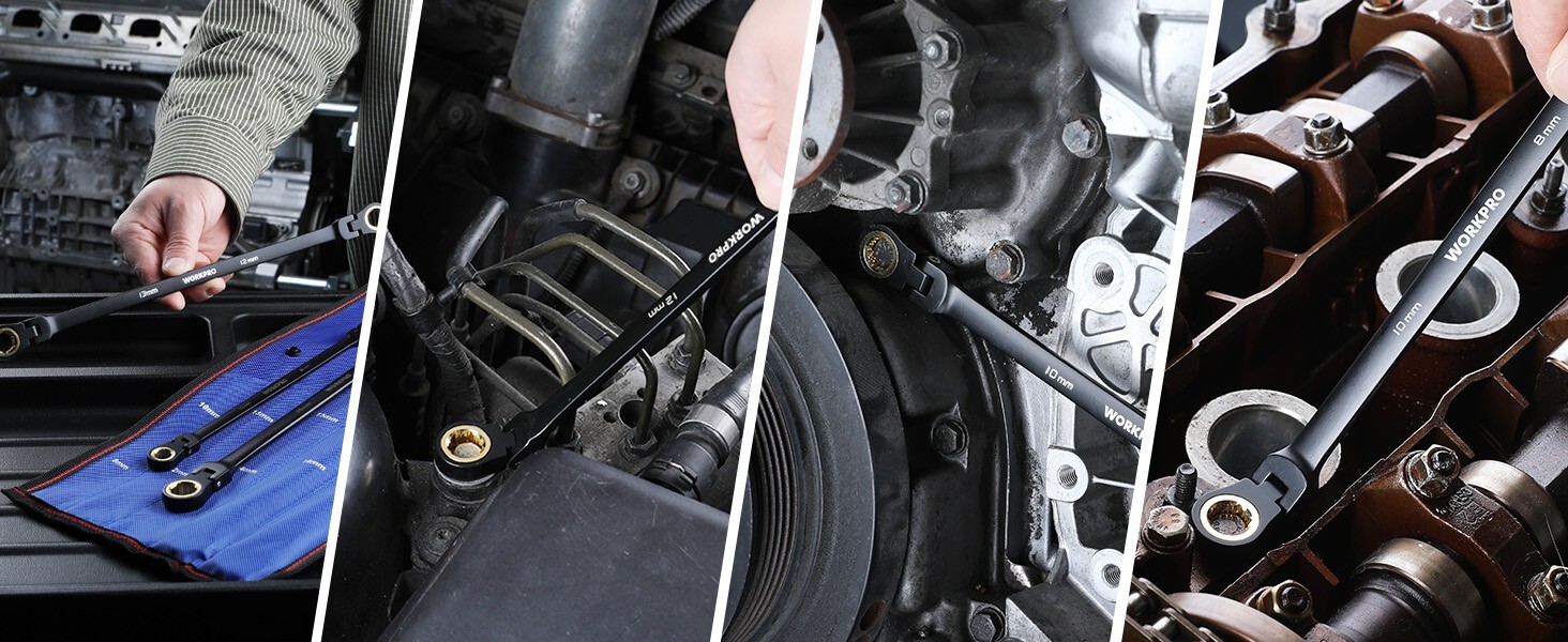 WORKPRO 5-piece Extra Long Flex-Head Ratcheting Wrench Set Anti-Slip w/Pouch NEW