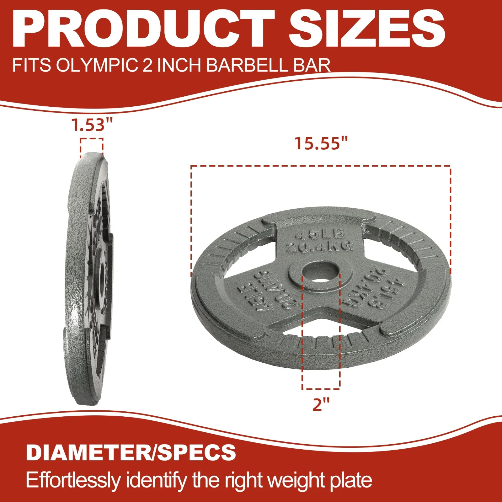 45lb x 2 Pair Cast Iron Weight Plates 2 Inch Olympic Barbell Plates Easy Grip