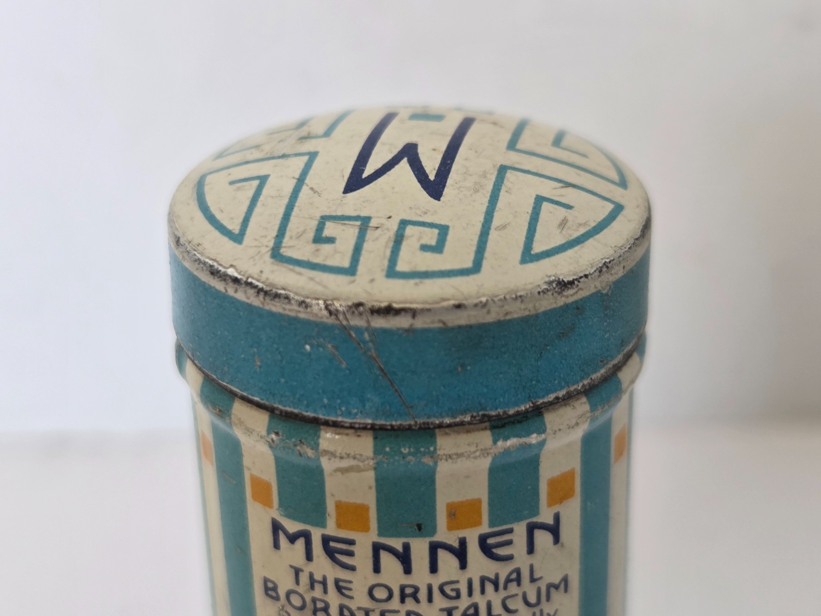 Vintage Mennen Borated Talcum Tin Baby Powder USA Sample Size Advertising Empty