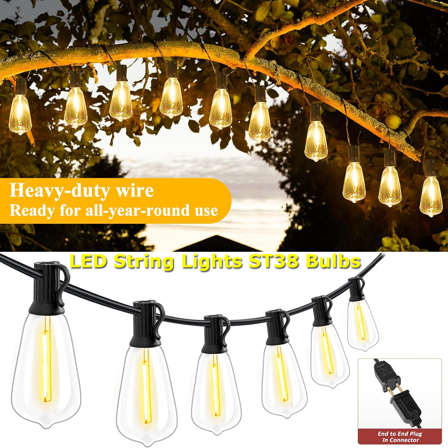 LED Outdoor String Lights 50FT Shatterproof ST38 Patio Lights for Porch,Backyard