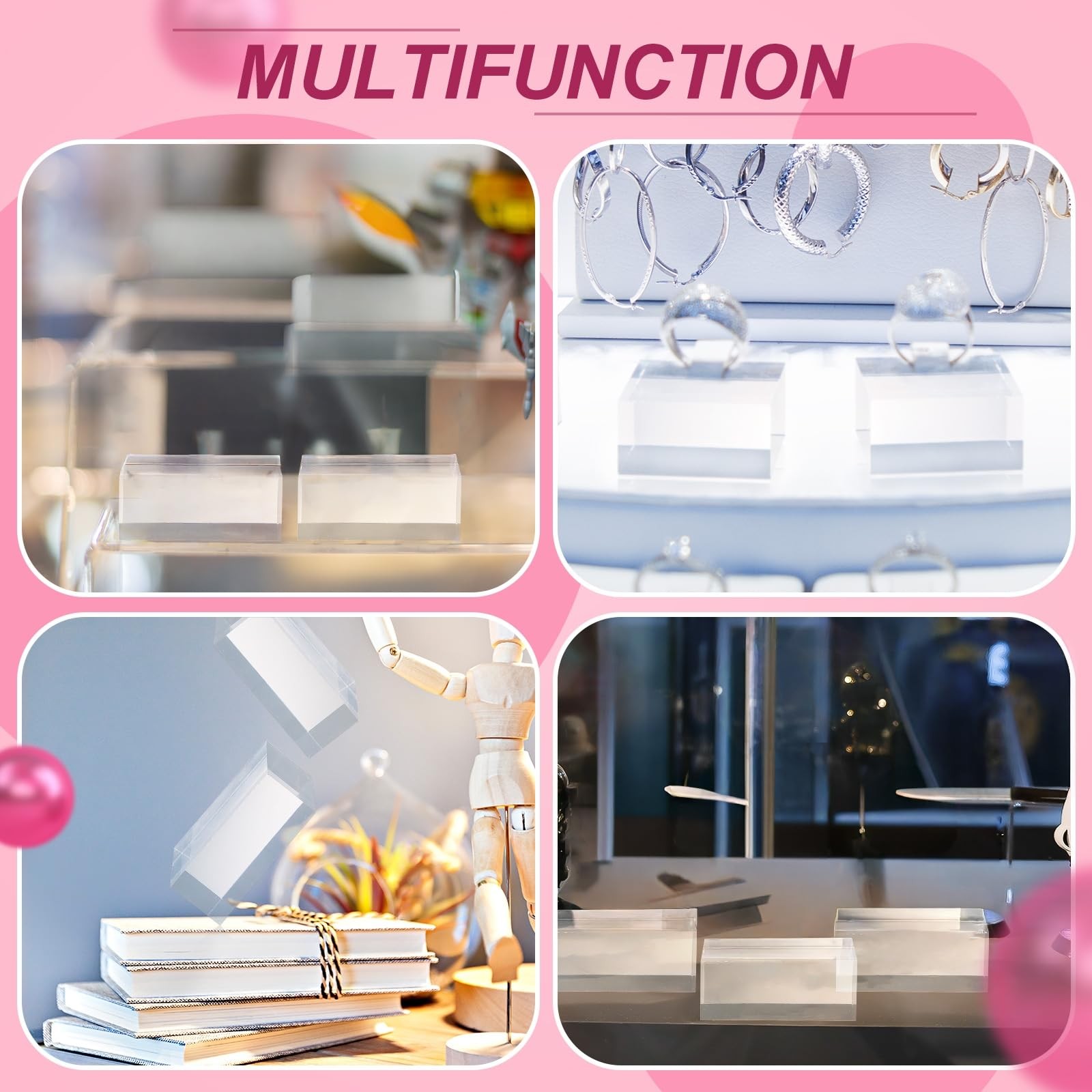 "4 PCS Acrylic Square Display Blocks 2x1"" Clear Polished Cube Jewelry Stand"