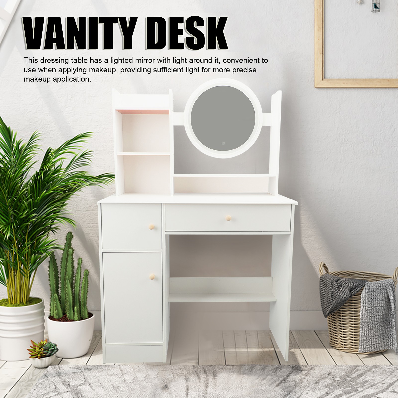 White Vanity Desk with Lights and Mirror Makeup Table Multifunction with Drawer