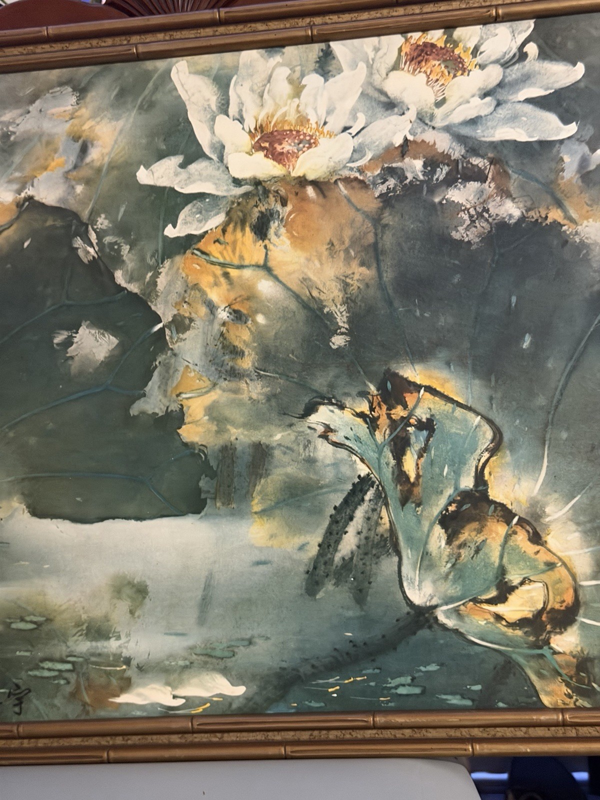 Asian Lotus Wall Art Framed Chinese Style Birds Bamboo Decor