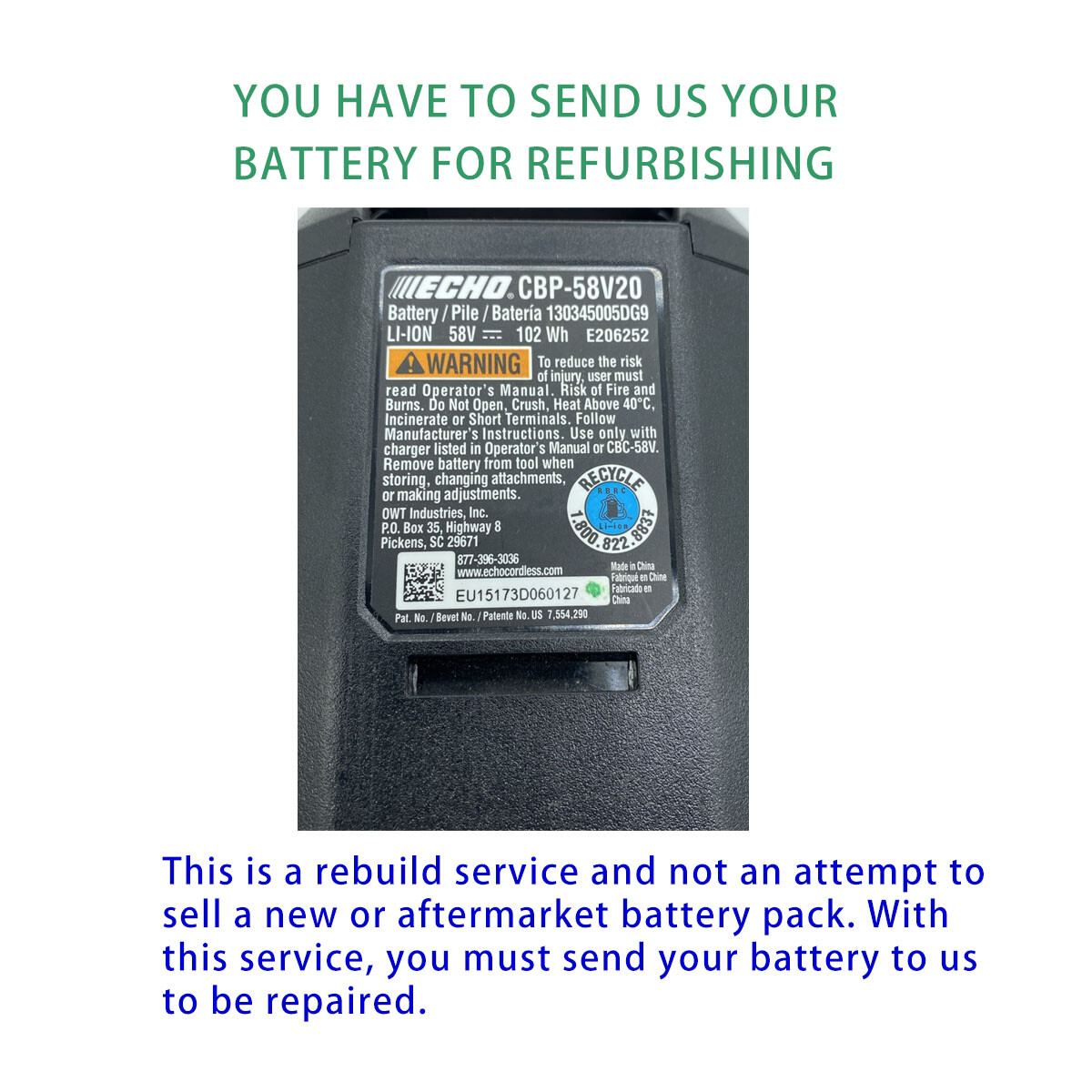 Rebuild service for ECHO CBP-58V20 Upgrade to 5AH 290WH 58V battery Rebuild