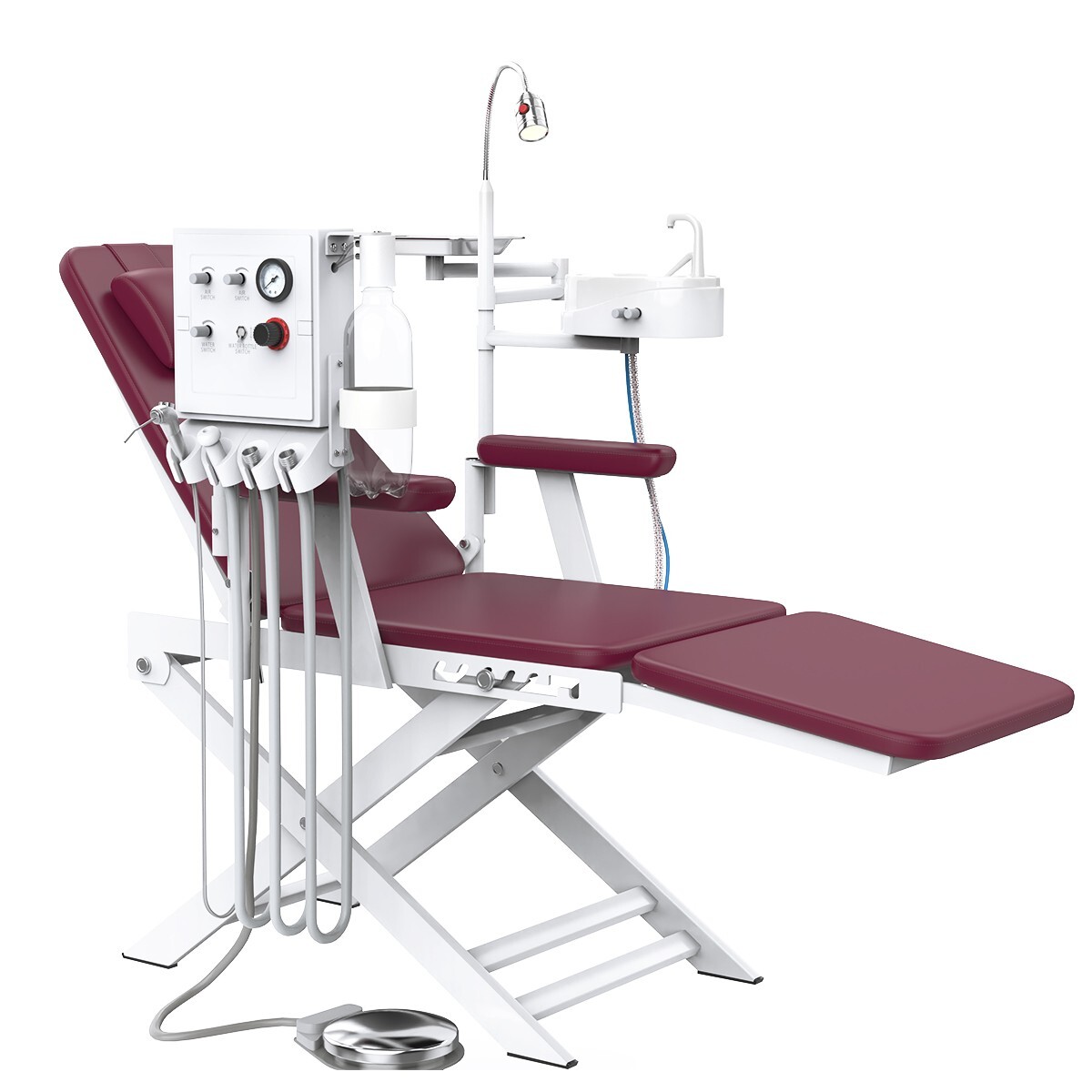 Portable Dental Folding Chair+LED Light+Air Turbine Unit+Weak Suction Burgundy