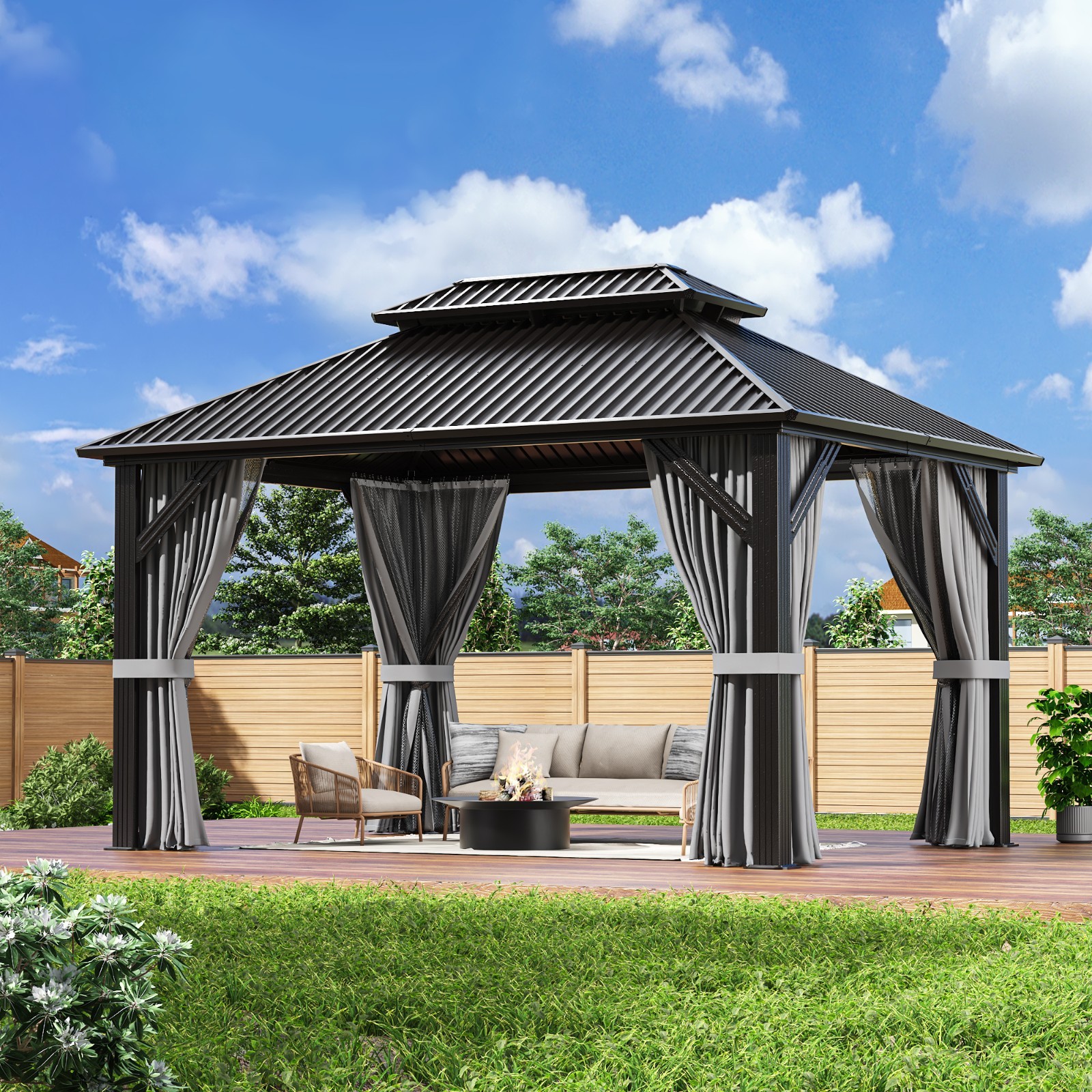 10 x 12 ft Hardtop Gazebo Steel Double Roof with Curtains