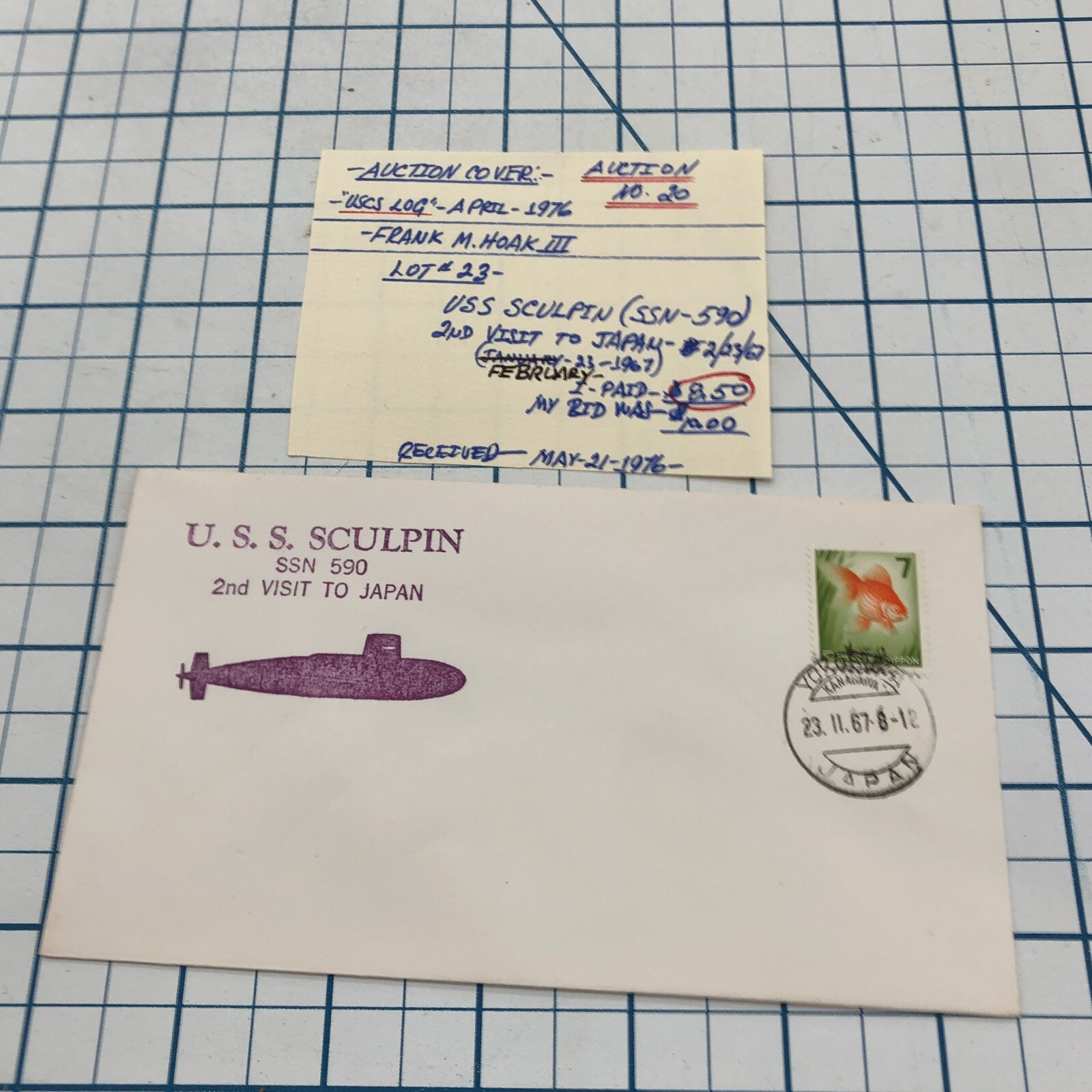 Vintage FDC Cover Cachet Postage Stamp Envelope USS Sculpin SSN 590 JAPAN 1967