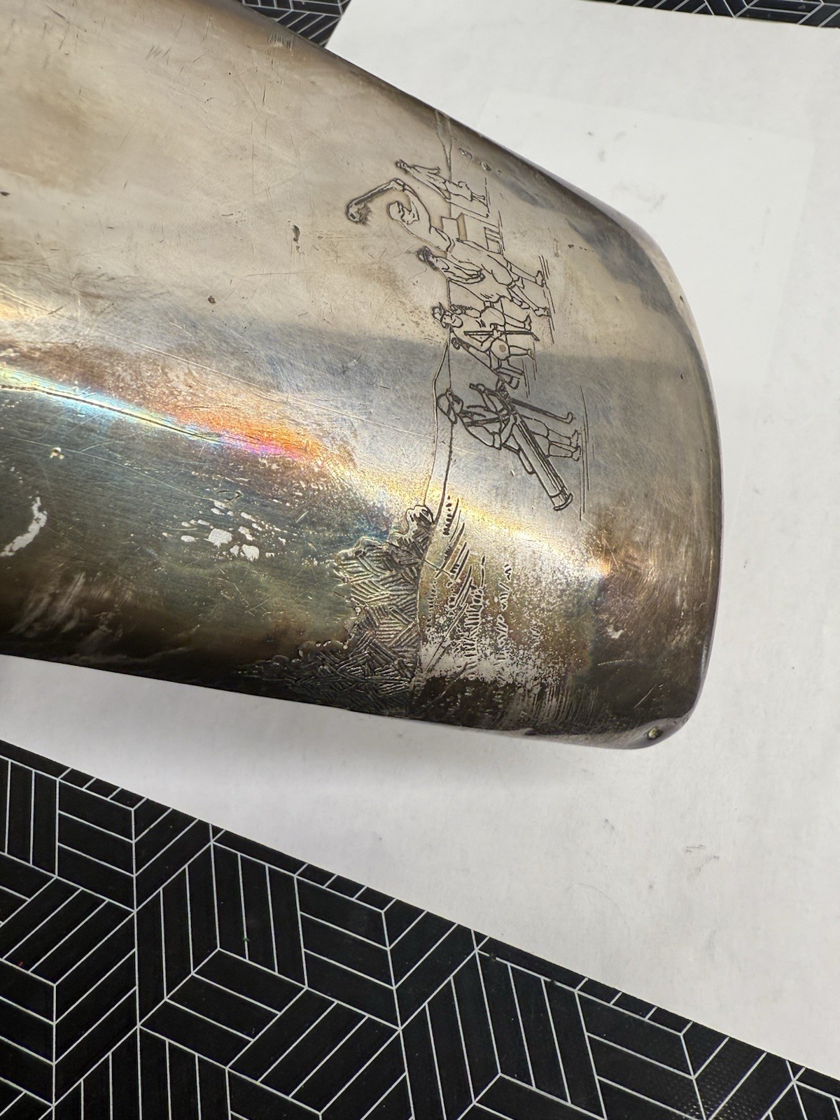 Dented / Damaged MERIDEN B SILVER PLATE Whiskey Flask - Golf Monogram