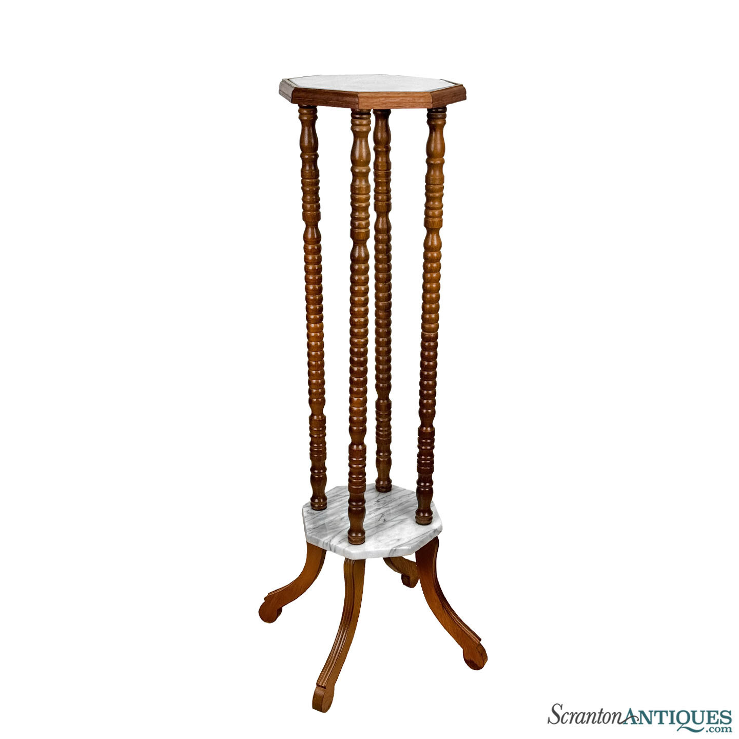 Vintage Traditional Turned Walnut & Marble Plant Stand Pedestal