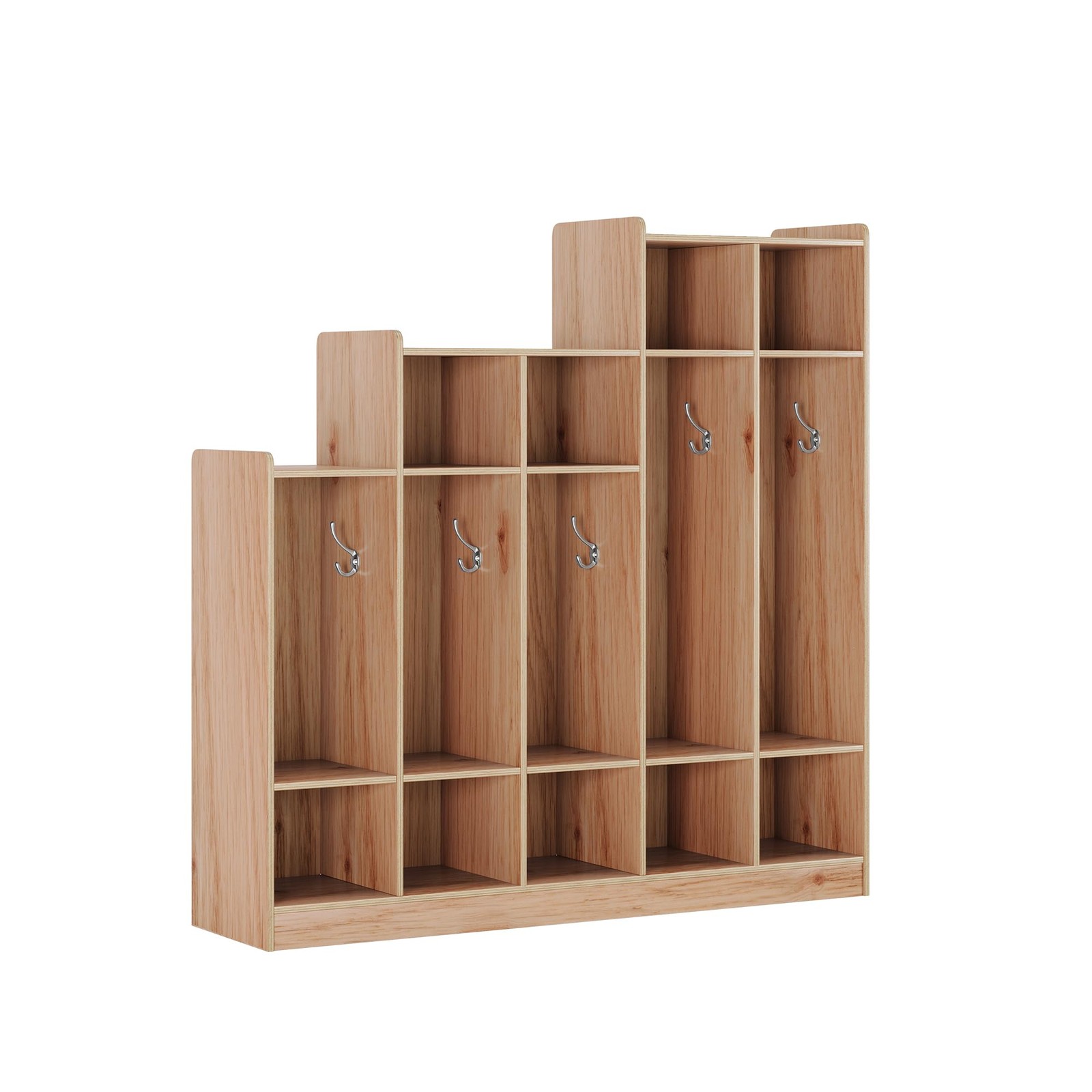 Classroom Coat Locker 5-Section 9 Cubbies 10 Hooks Natural Wood for Home School