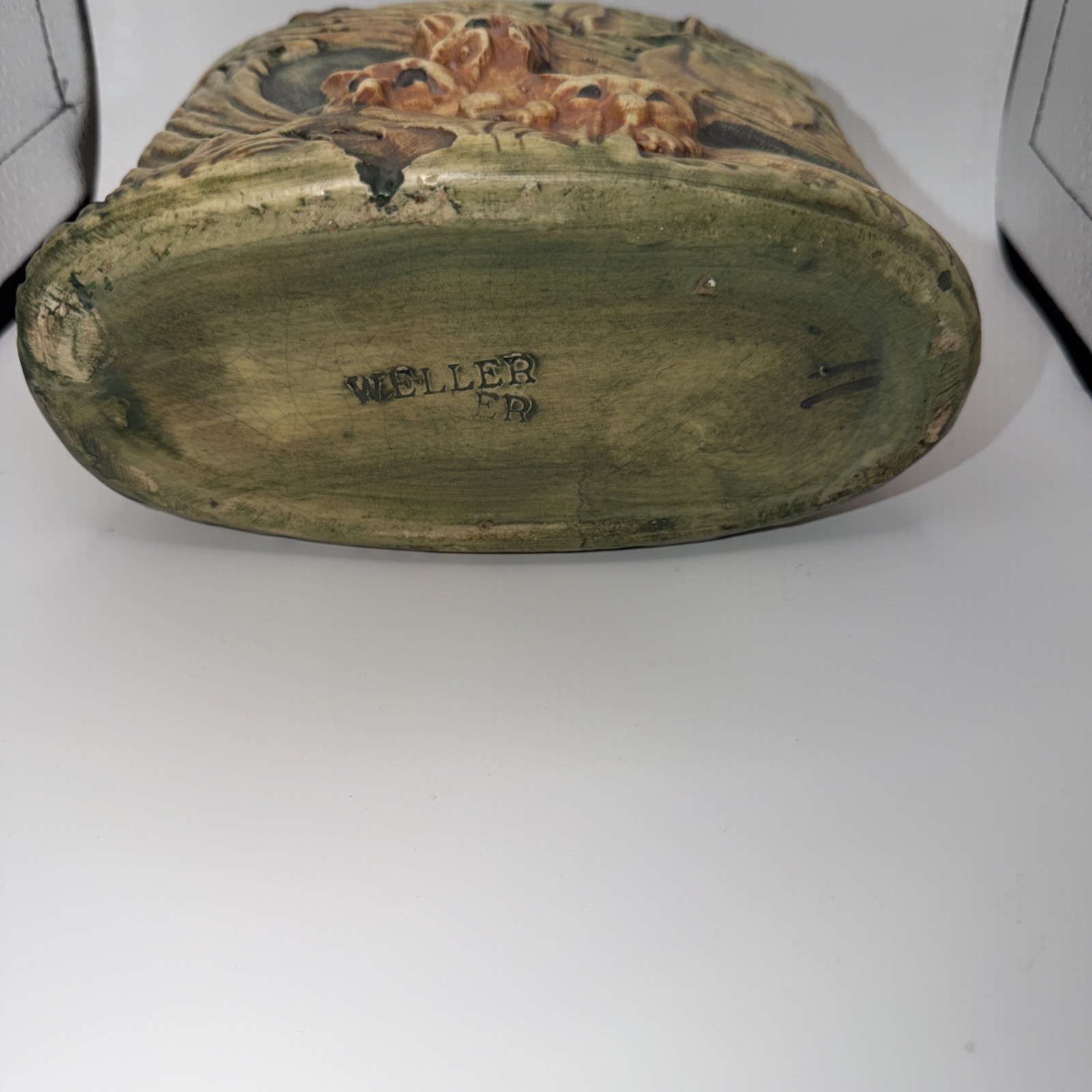 Weller Pottery Woodcraft Three Fox in A Log Planter, 1920s, Nice Condition