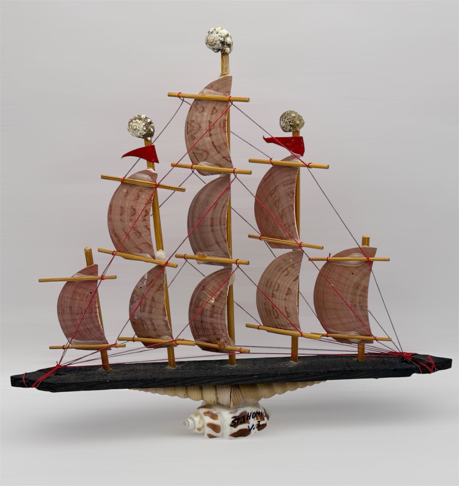 VTG Hand made Sea Shell Wood & Cord Sailing Ship Model St. Thomas V.I.