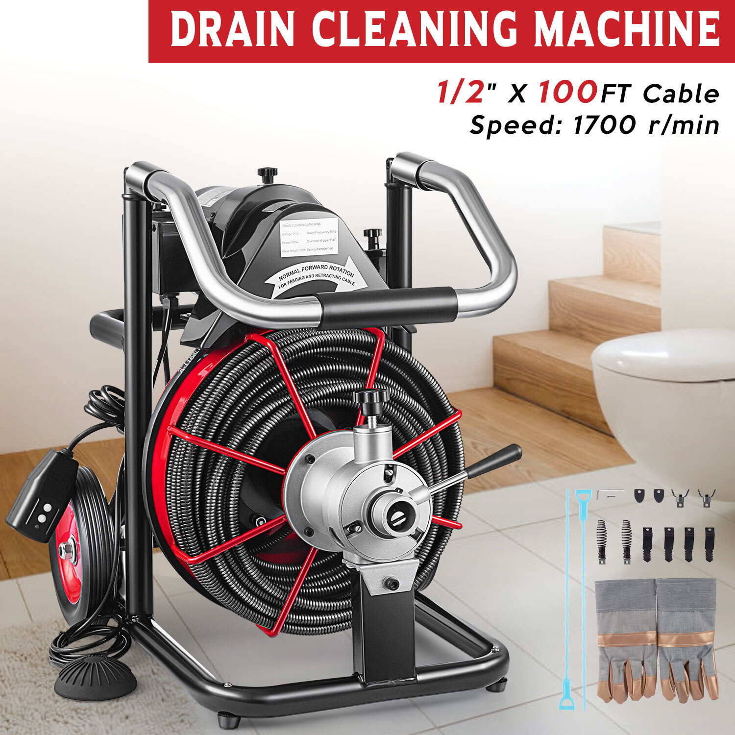 100ft x1/2'' Electric Drain Cleaner Machine Drain Auger Snake Sewer w/ 5 Cutters